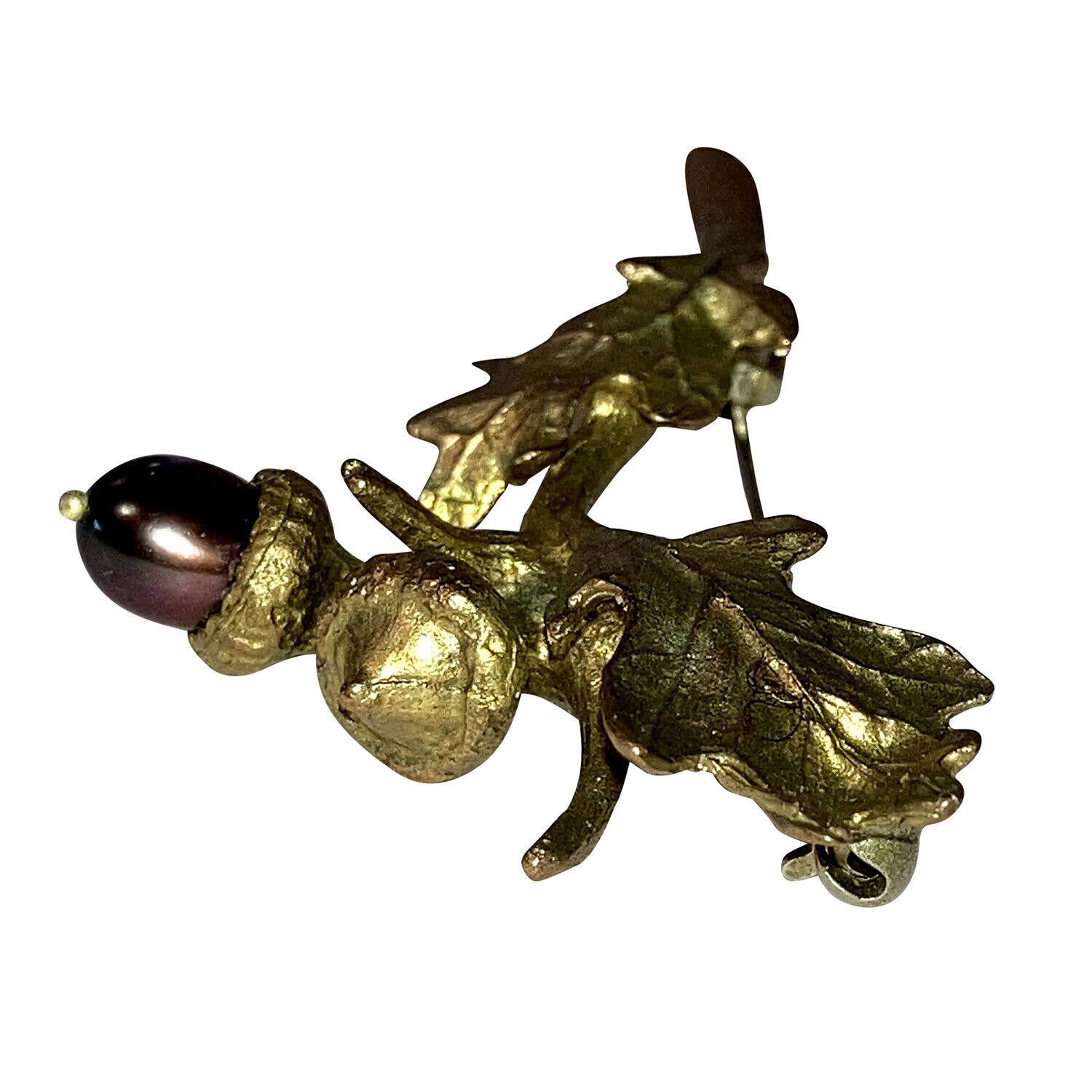 Designer Brass Artisan Leaf and Grey Pearl Acorn Pin Size ONE SIZE - 3 Thumbnail