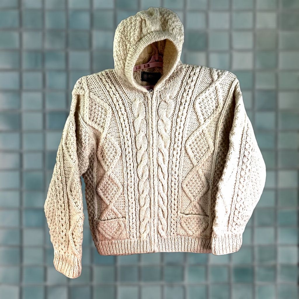 Vintage VINTAGE Ishka 100% Wool Hooded Cardigan Cable Knot Sweater Beige XL Womens Geometric 90s Bohemian Classic Size XL / US 12-14 / IT 48-50 - 1 Thumbnail