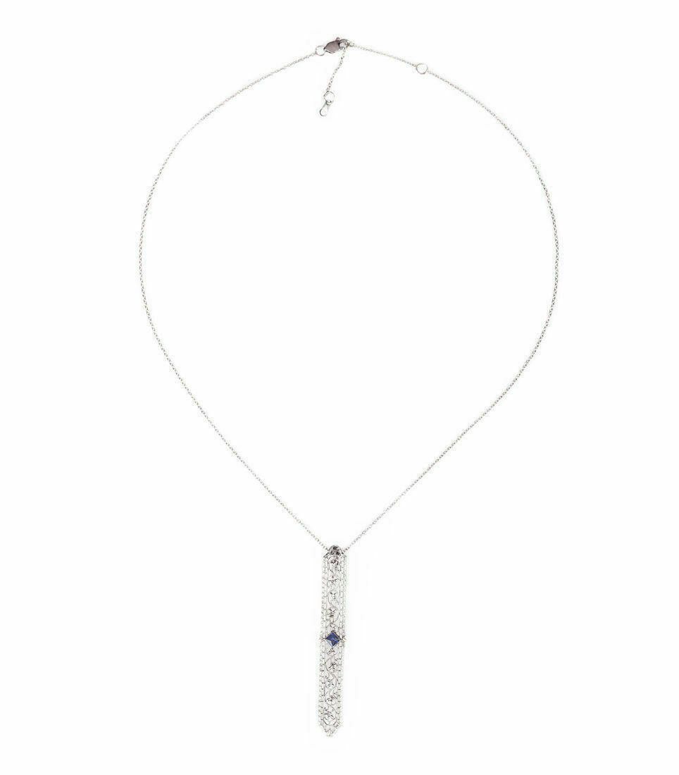 Designer Art Deco 14kt White Gold Filigree Necklace with Sapphire Size ONE SIZE - 2 Thumbnail