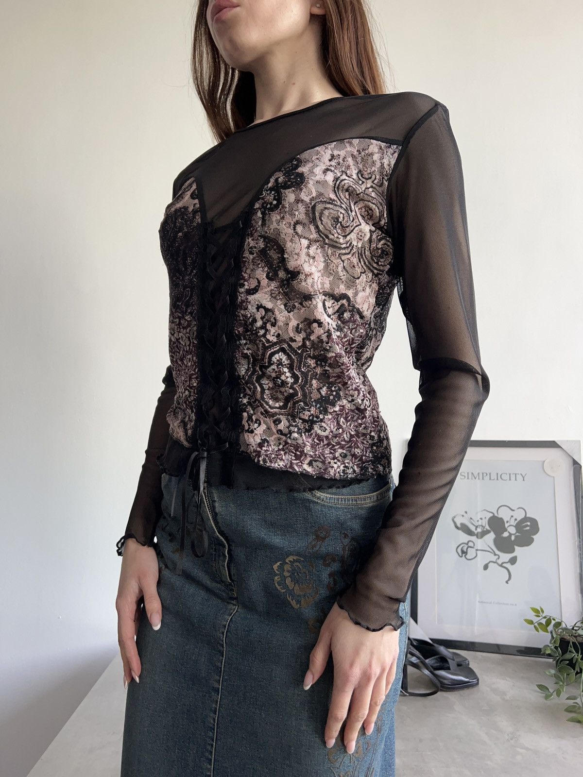 Vintage Stunning Lace long sleeve top blouse goth black y2k corset Size S / US 4 / IT 40 - 5 Thumbnail