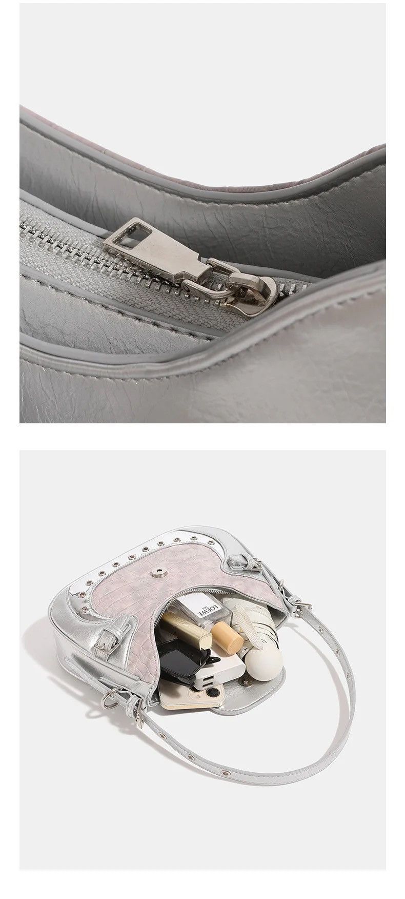 Vintage Retro Patchwork Harajuku Style Silver Mini Shoulder Bag Size ONE SIZE - 7 Thumbnail