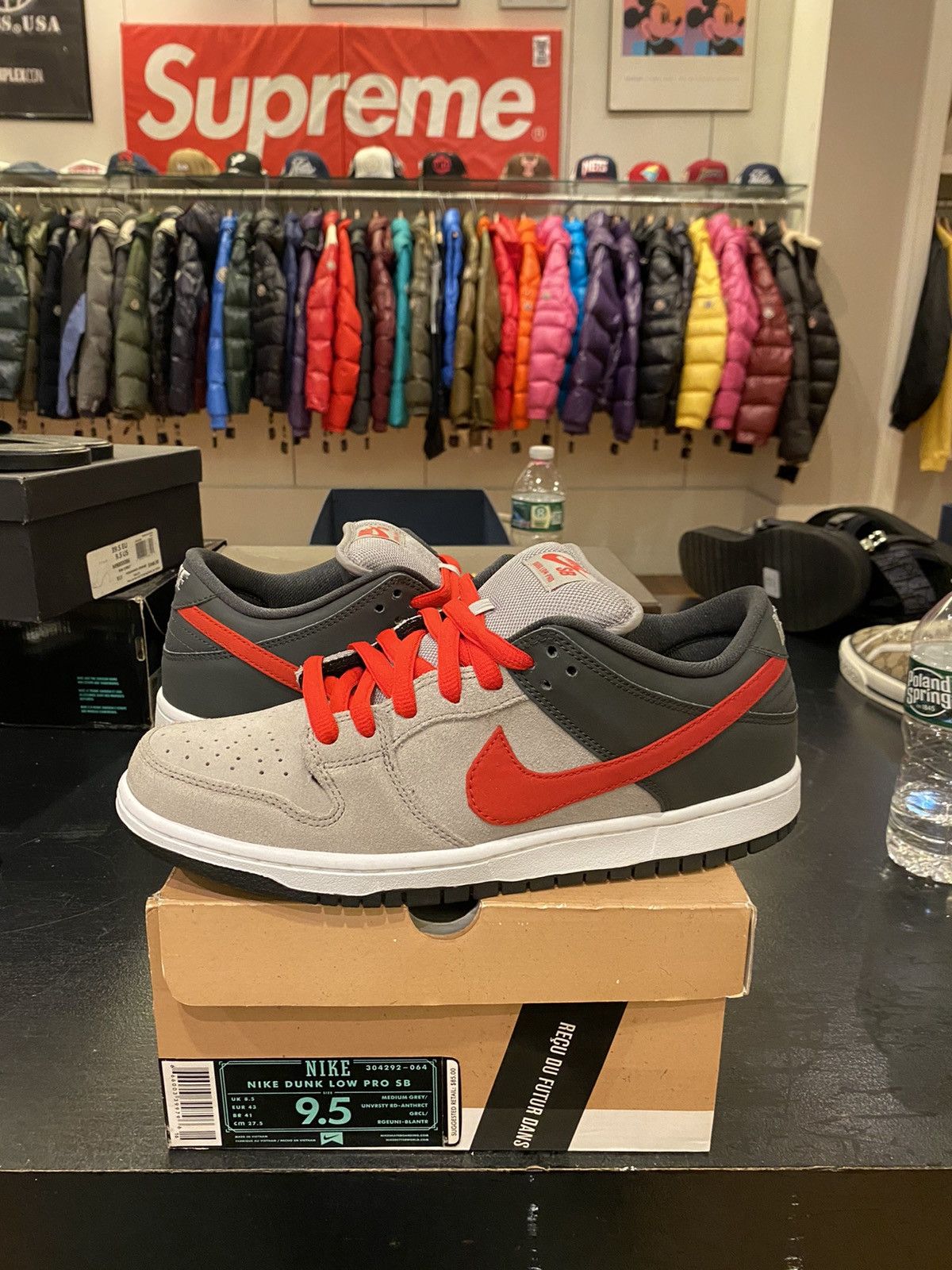image of Nike Dunk Low Pro Sb Shoes in Gray/Red, Men's (Size 9.5)