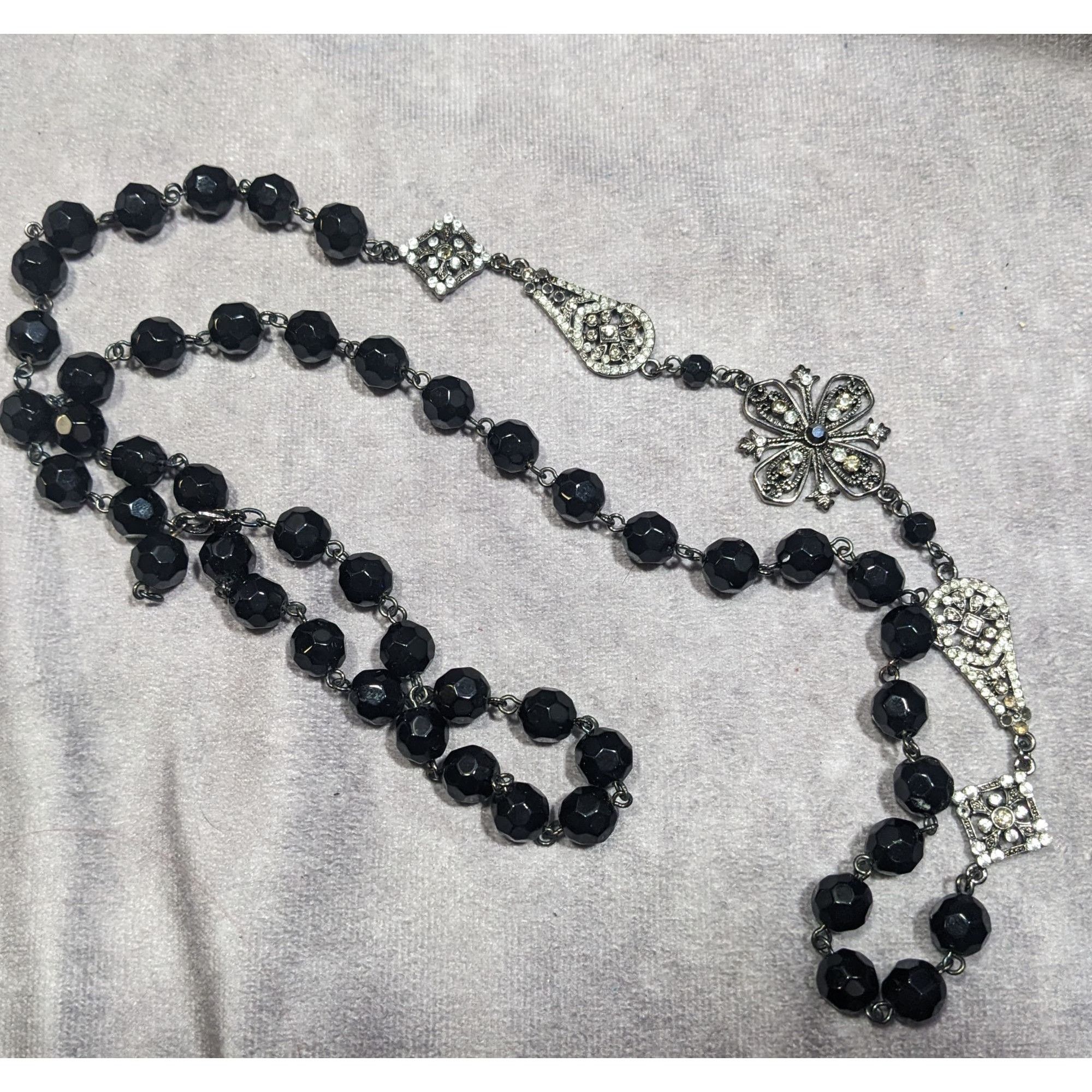 Other Glam Goth Floral Rhinestone Accented Black Beaded Opera Neck Size ONE SIZE - 7 Thumbnail