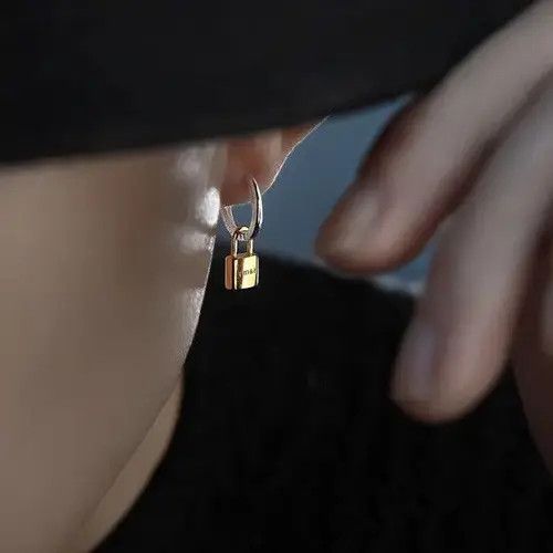 Designer × Sterling Silver Titanium Steel Gold Lock Dangle Drop Earrings for Men Women Size ONE SIZE - 2 Thumbnail