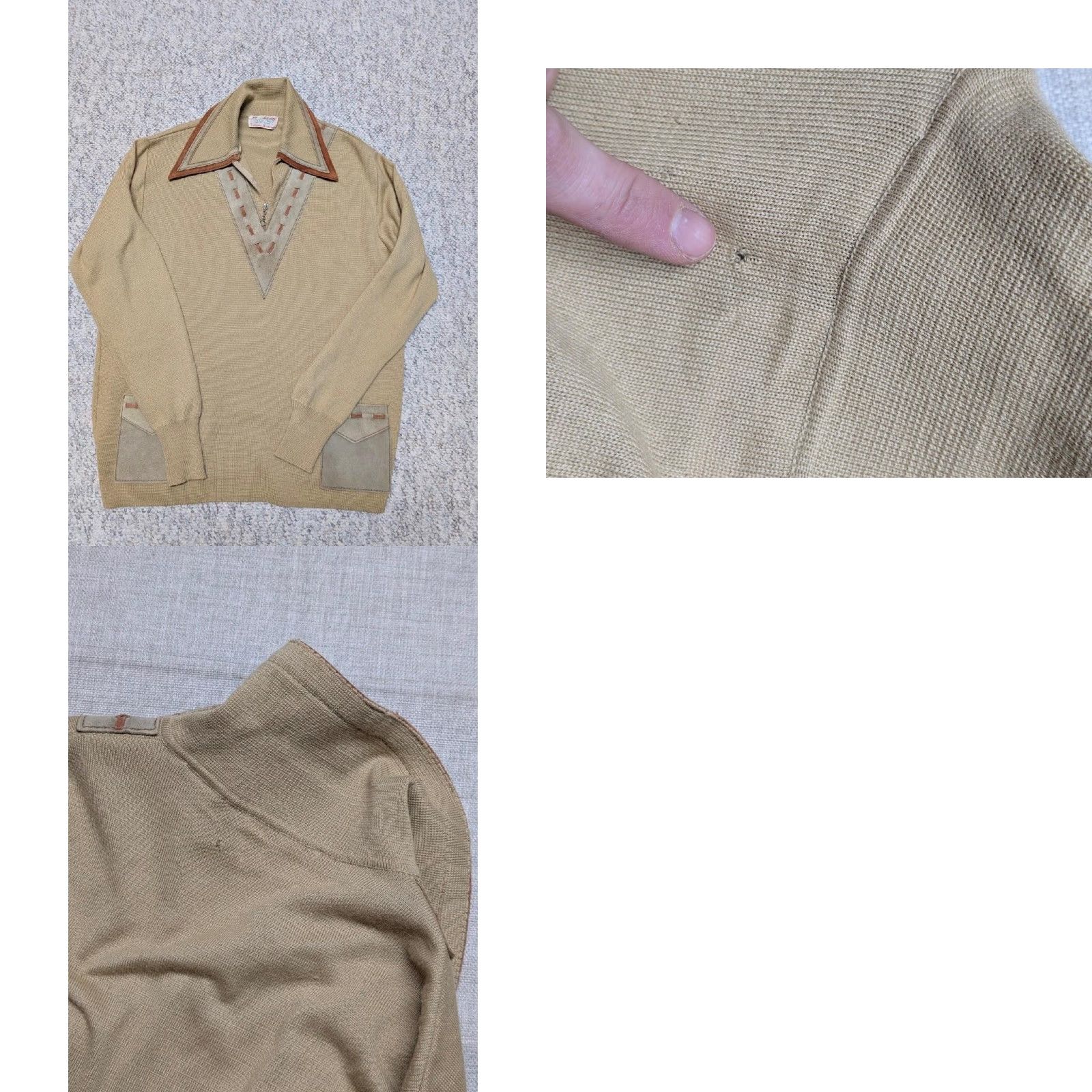 Vintage VINTAGE Richman Brothers Sweater ITALY Wool Tan M Leather Trim WIDE LAPEL Mens Pullover Long Sleeve Knit Neck Zip 1960s Size US M / EU 48-50 / 2 - 8 Thumbnail