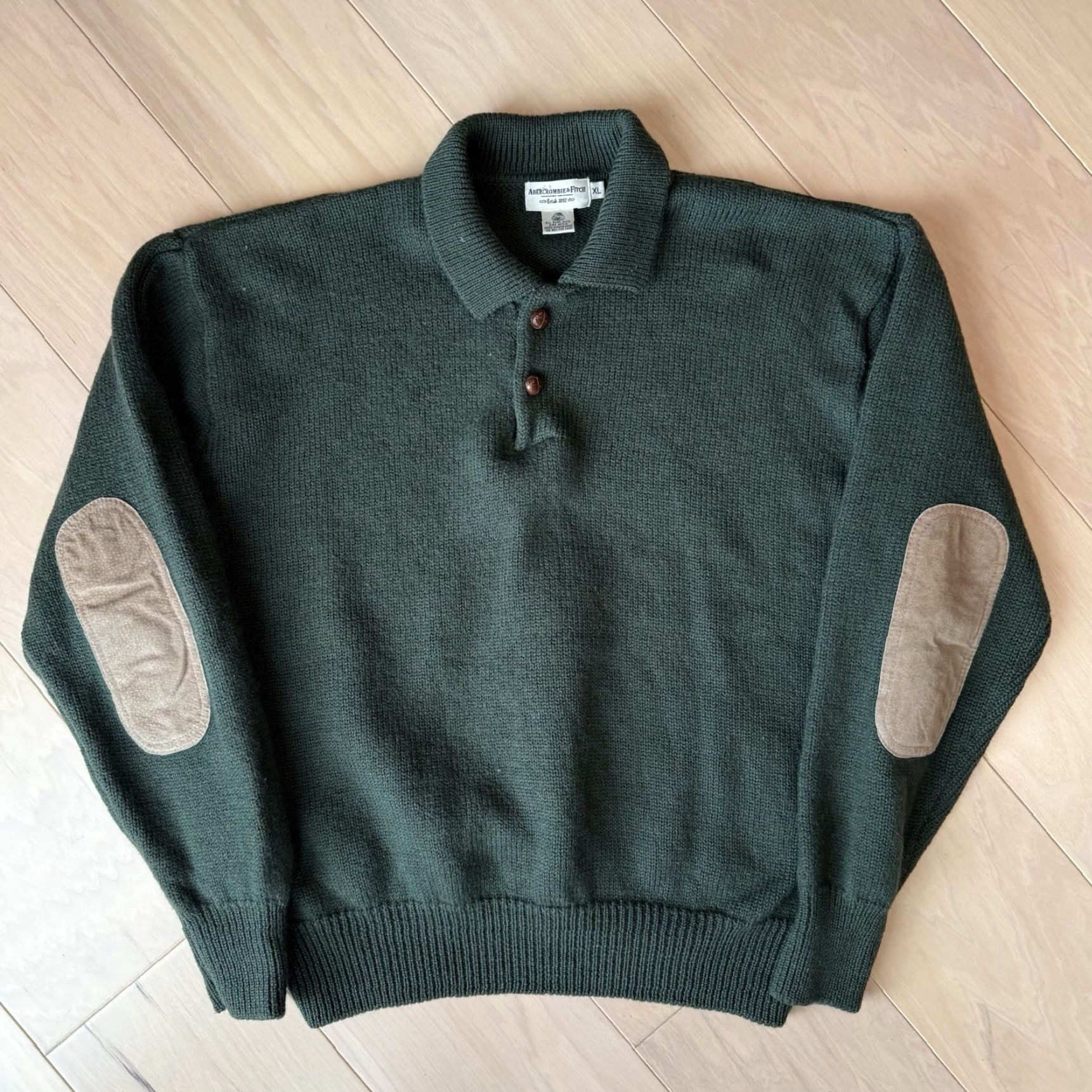 Abercrombie & Fitch VINTAGE Abercrombie & Fitch Wool Sweater XL Green Collared Pullover Men Regular Knit Solid Logo Elbow Pads 90s Hip Hop USA Bars Size US XL / EU 56 / 4 - 2 Thumbnail