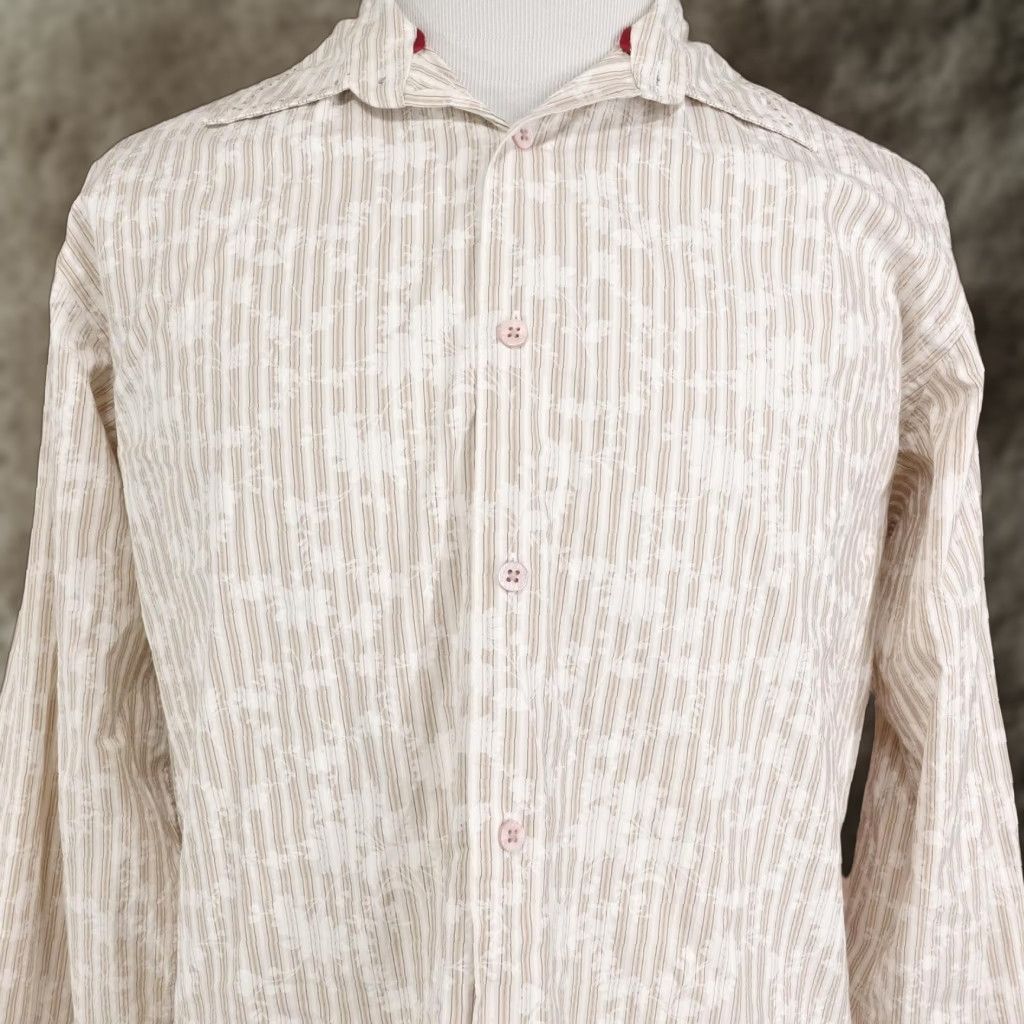 BUGATCHI Bugatchi Uomo Button-Up Shirt Mens L Beige Striped Cotton Long Sleeve Casual Size US L / EU 52-54 / 3 - 1 Thumbnail