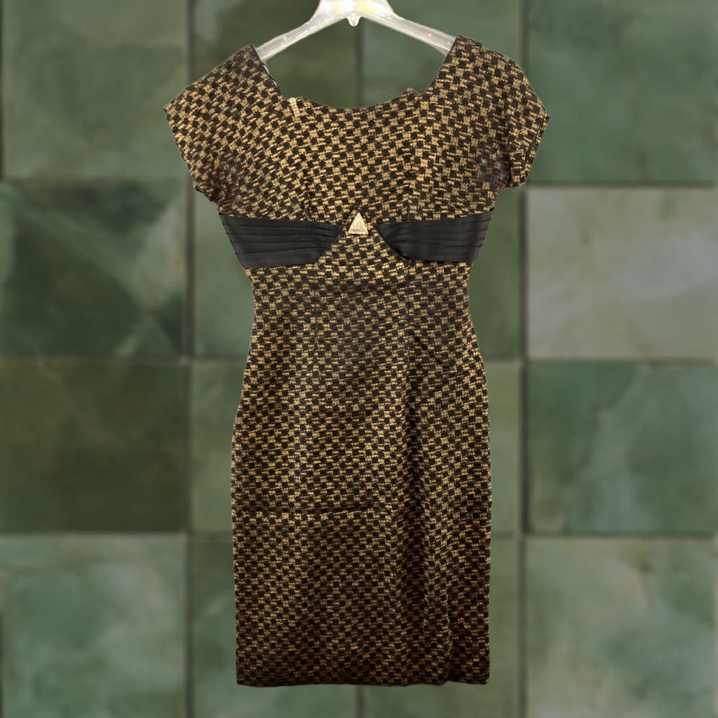 Vintage VINTAGE Womens Evening Dress 10 Black Gold Check Fitted 50s 60s 70s Evening Dress Size 10 Black Gold Check 1970s Womens Size XL / US 12-14 / IT 48-50 - 1 Thumbnail