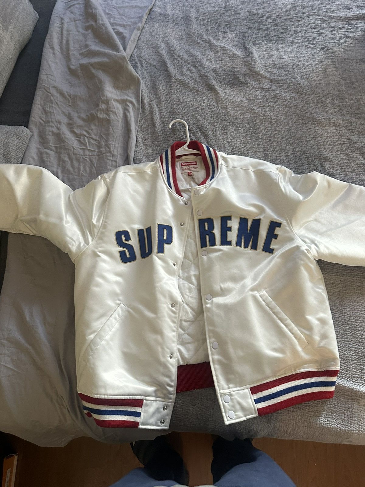 image of Supreme Mitchell & Ness Satin Varsity Jacket in White, Men's (Size Large)