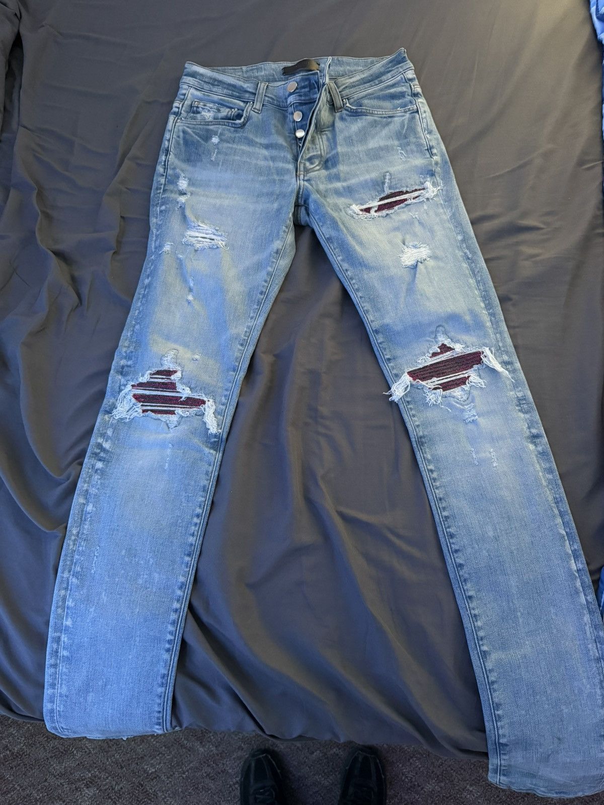 Light Blue Amiri Denim Pink and Black Patches