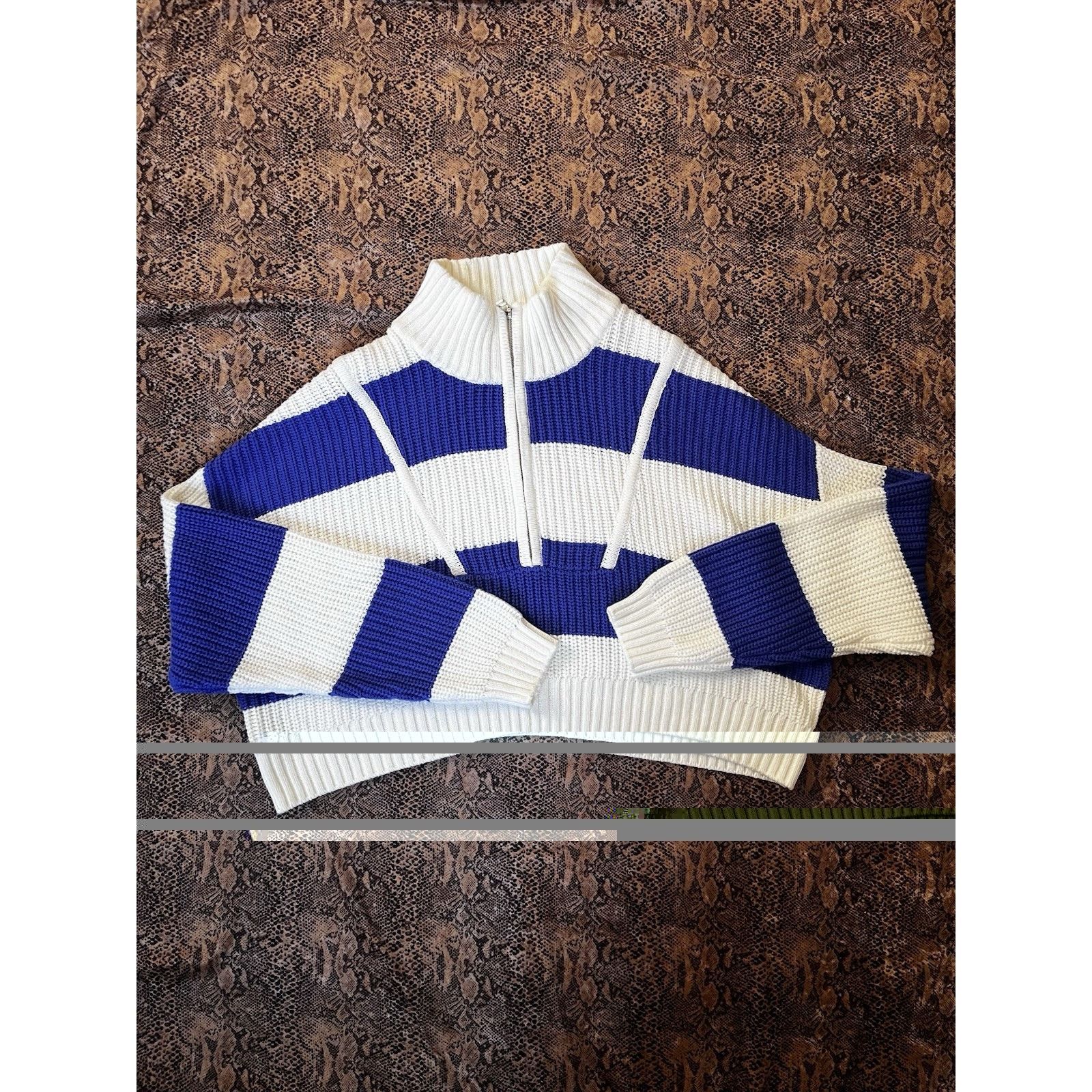 Staud STAUDE Blue Striped Quarter Zip Ribbed Cotton Blend Sweater Size M / US 6-8 / IT 42-44 - 3 Thumbnail