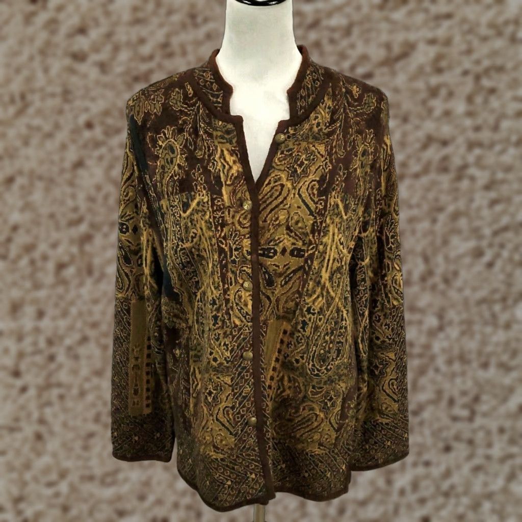 Vintage Chicos Jacket Womens M Brown Multi Pattern Geometric Wool Blend Button Up (Chico's) Size M / US 6-8 / IT 42-44 - 1 Thumbnail