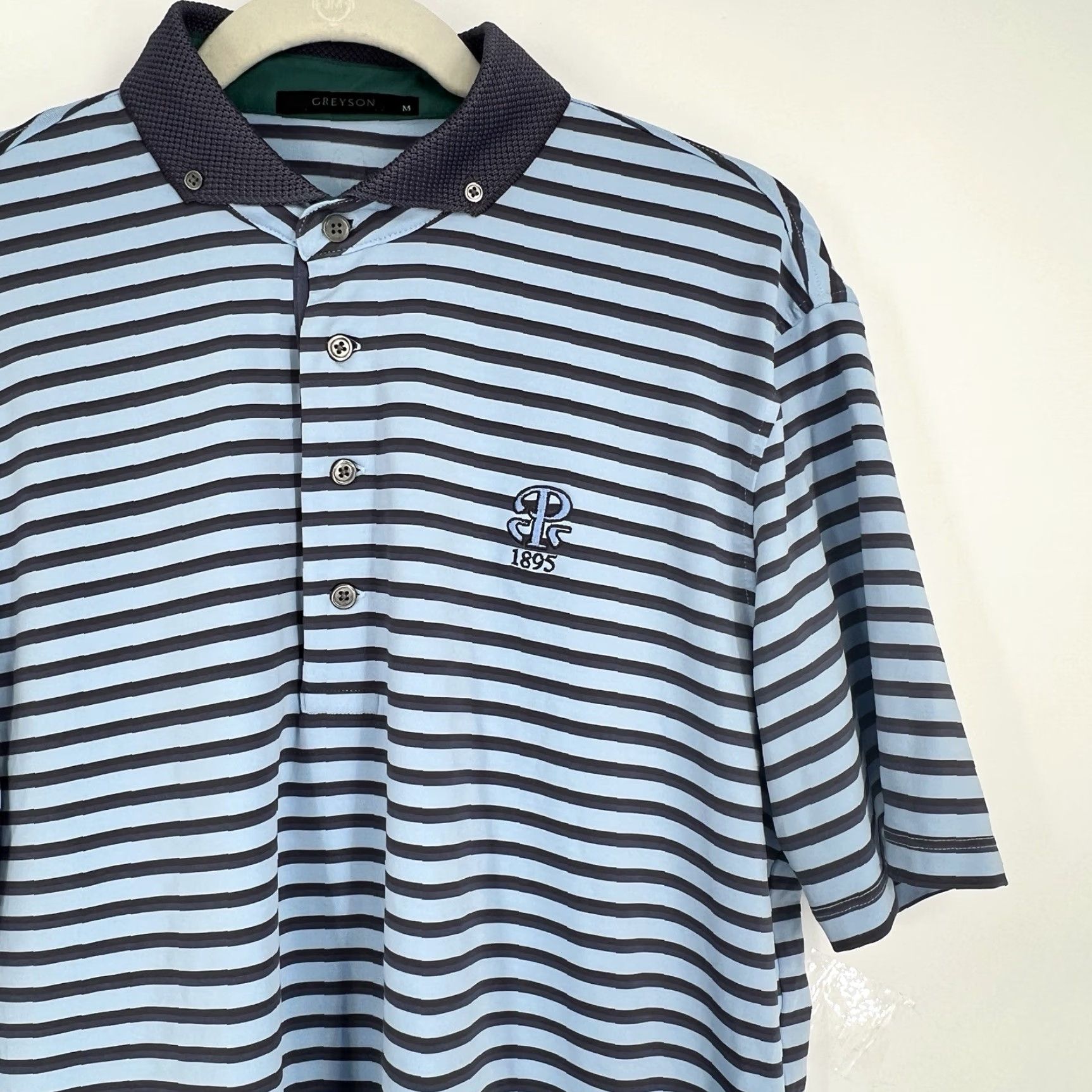 Vintage Greyson Polo Shirt Mens M Blue Stripe Logo Wolf Golf Performance Shirt Size US M / EU 48-50 / 2 - 5 Thumbnail