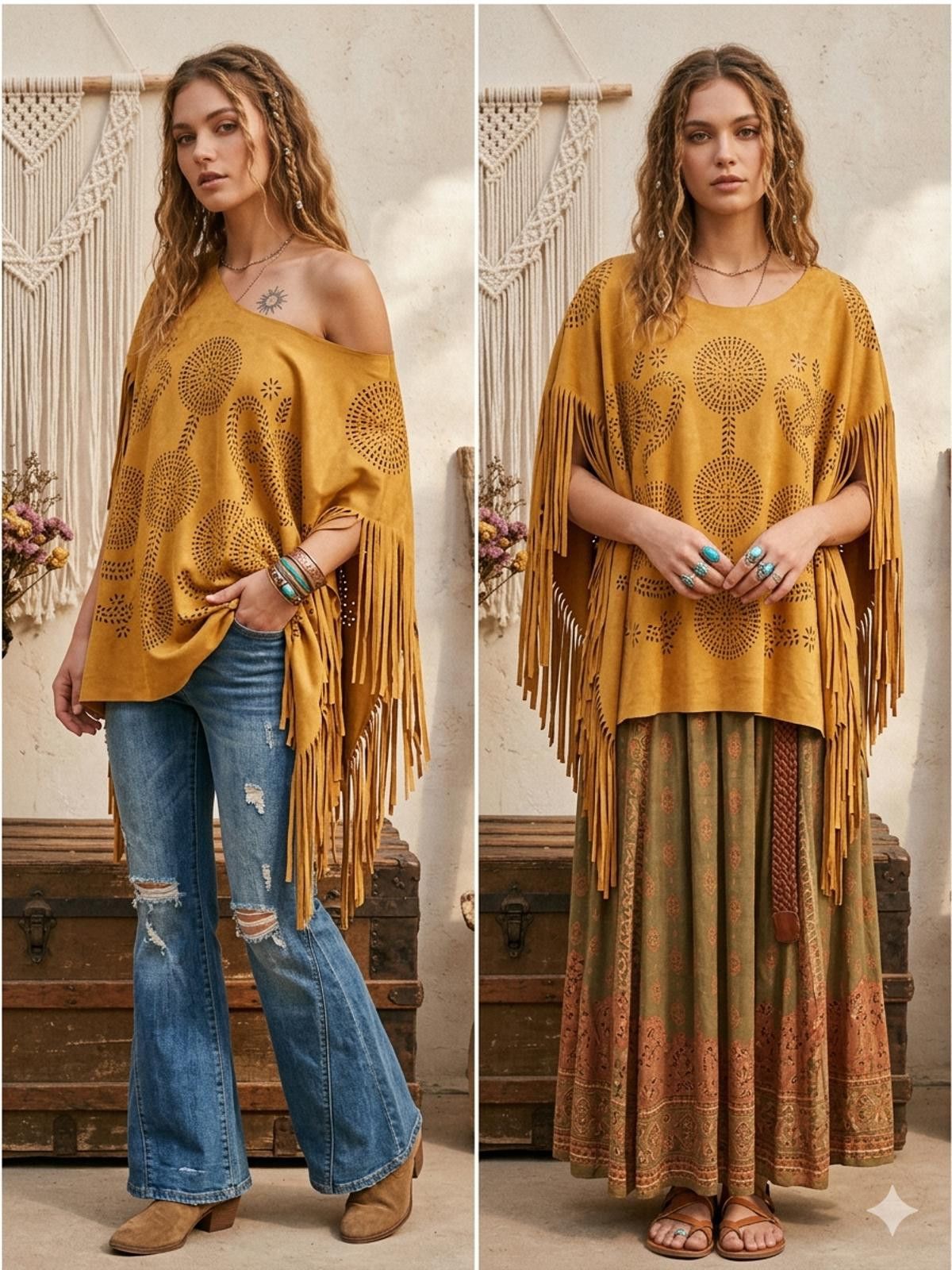 Other Step in Style Bohemian Mustard Faux Suede Fringe Poncho OSFM Size ONE SIZE - 1 Thumbnail