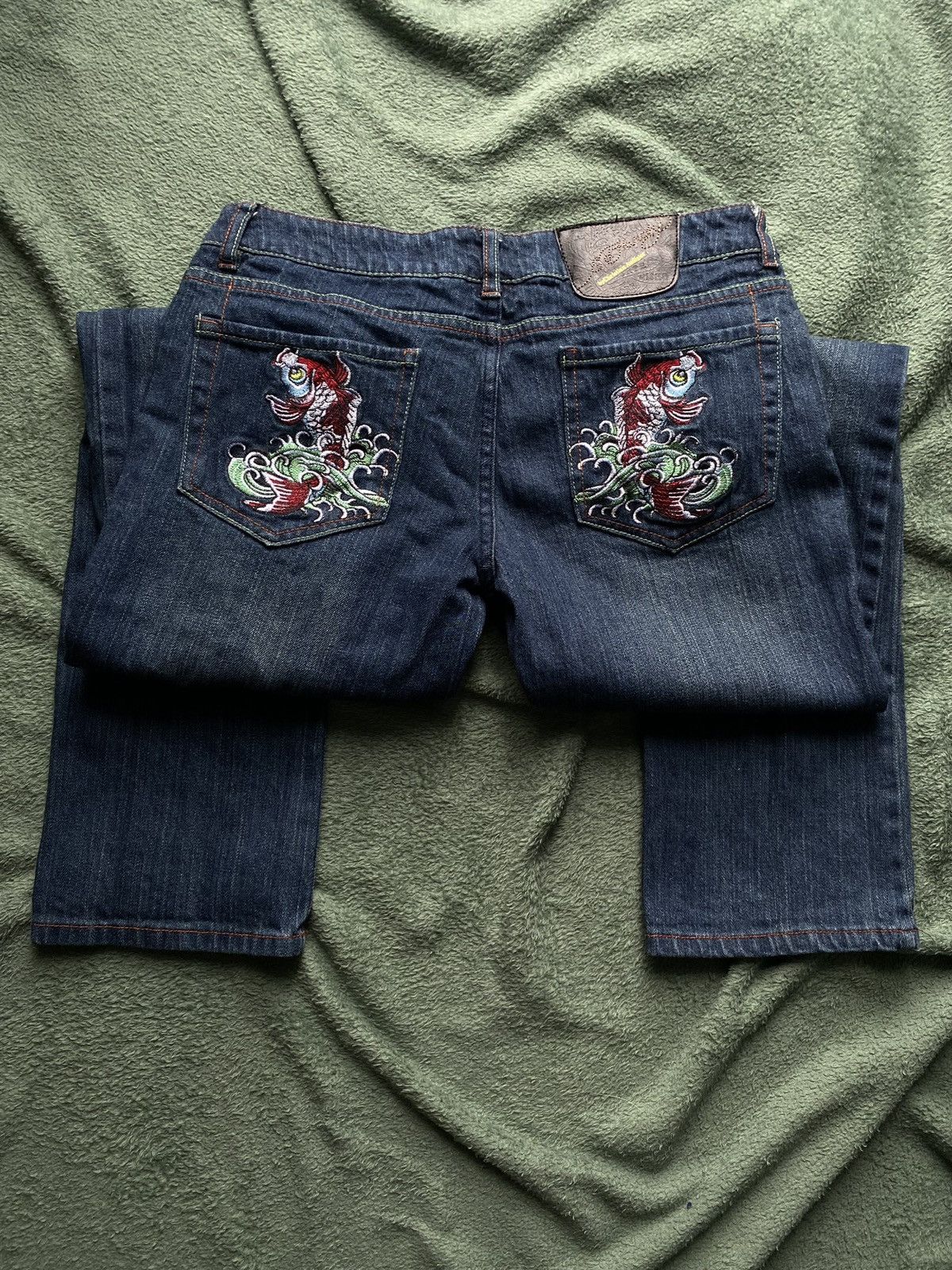 image of Ed Hardy Koi Fish Embroidered Jeans in Blue, Women's (Size 30)