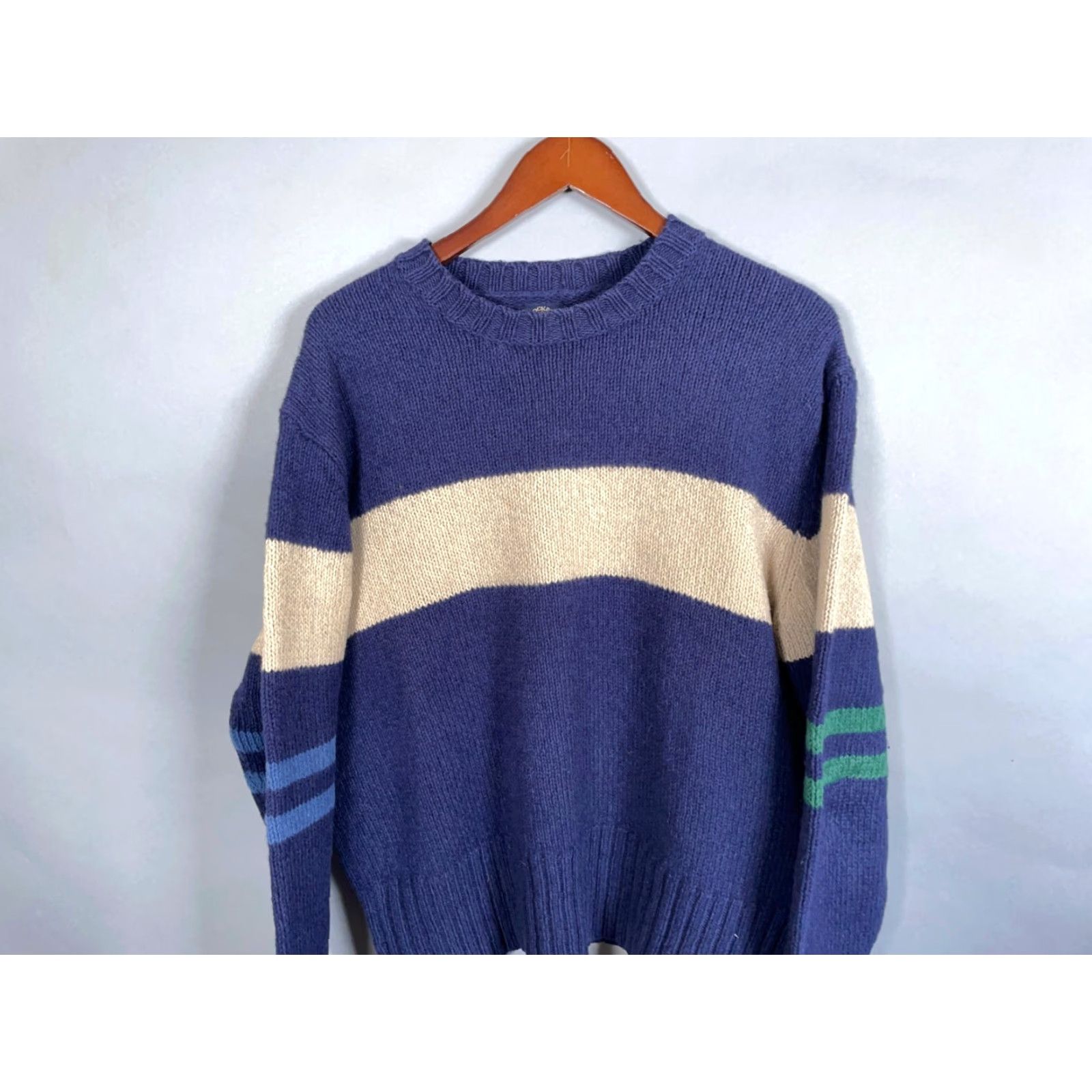 Dockers VINTAGE Dockers Sweater, Striped, Heavyweight, Wool Blend, Crew Neck, Long Sleeve, Pullover, Men’s Large, Blue Beige, Preppy Retro, Hand Wash Only Size US L / EU 52-54 / 3 - 4 Thumbnail