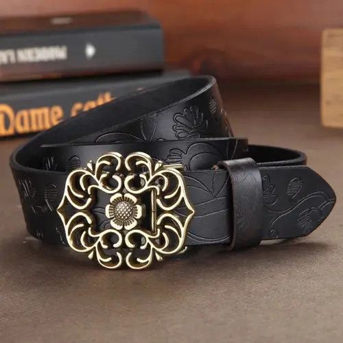 image of Vintage Fancy Floral Curved Buckle Genuine Leather Belt in Black, Women's