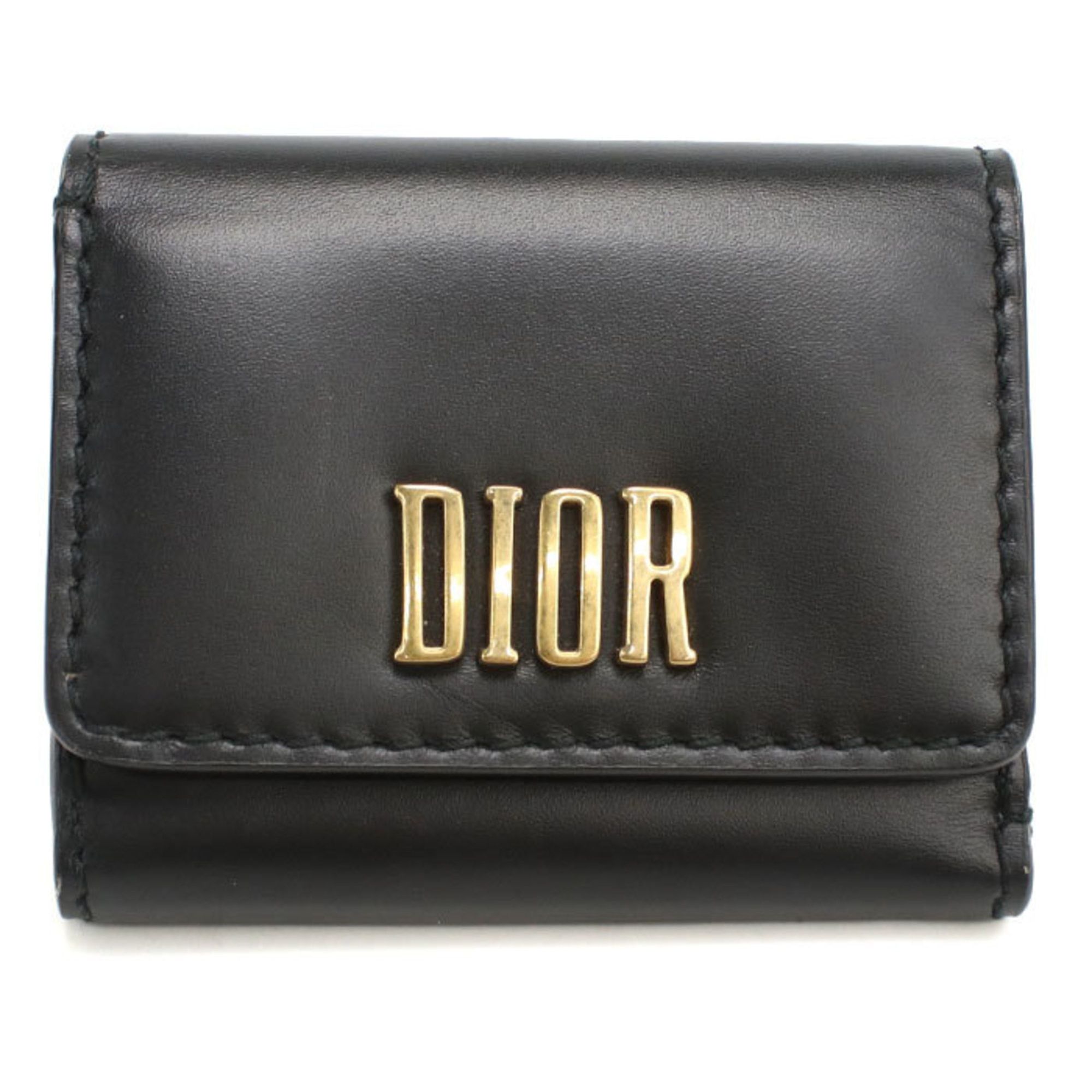 Dior Dior 30 Montaigne Lotus Wallet Trifold Compact Leather Black 