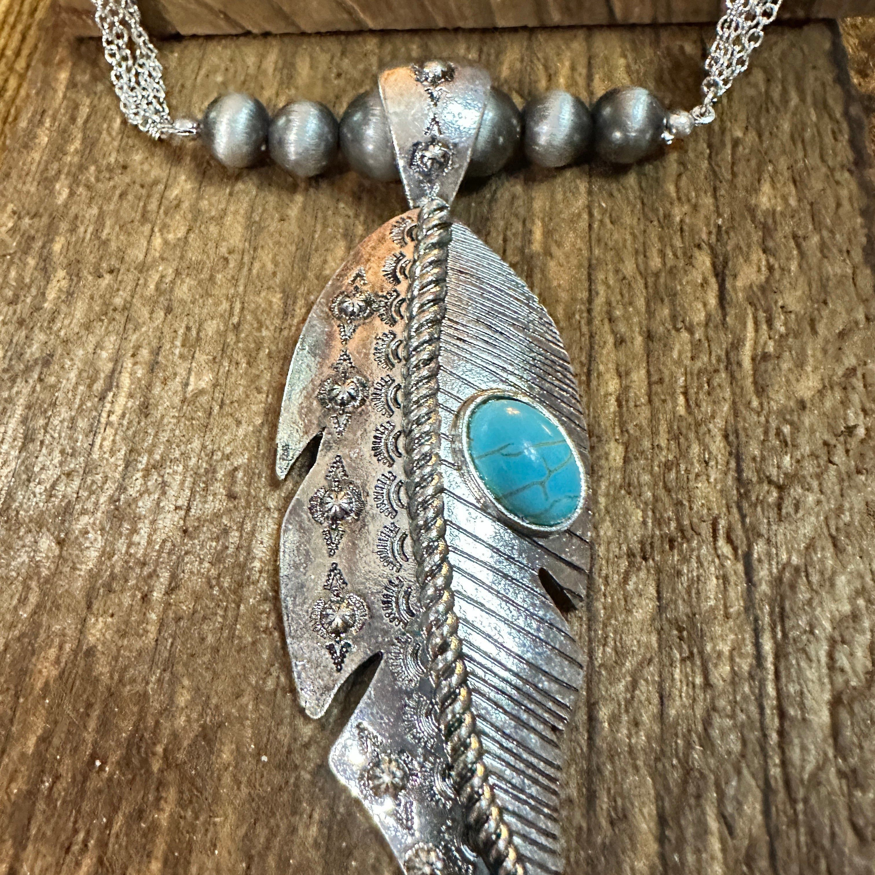 Other Large Feather Pendant Western Necklace and Earrings Set Size ONE SIZE - 2 Thumbnail