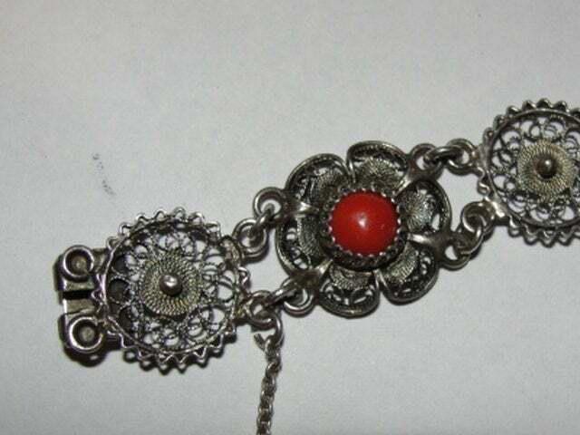 Designer Sterling Filigree and Cabochon Blood Red Coral Bracelet Size ONE SIZE - 3 Thumbnail