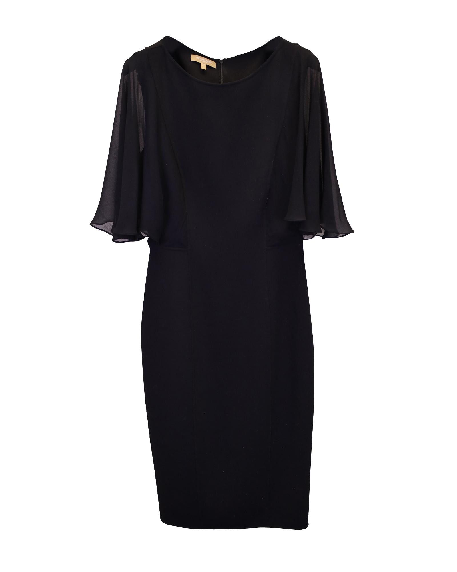 image of Michael Kors Flounce Sleeve Black Wool Midi Dress, Women's (Size XS)