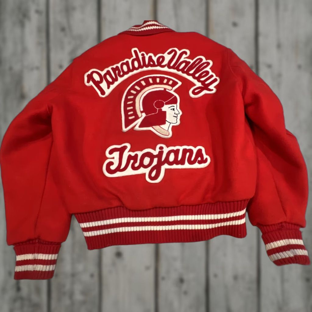 Paradise VINTAGE DeLong Paradise Valley Phoenix Trojans Varsity Coat Size 36 Wool USA Jacket/Coat Red Patches Short Stand-Up Collar Mens Varsity Jacket Size US XXS / EU 40 - 1 Thumbnail