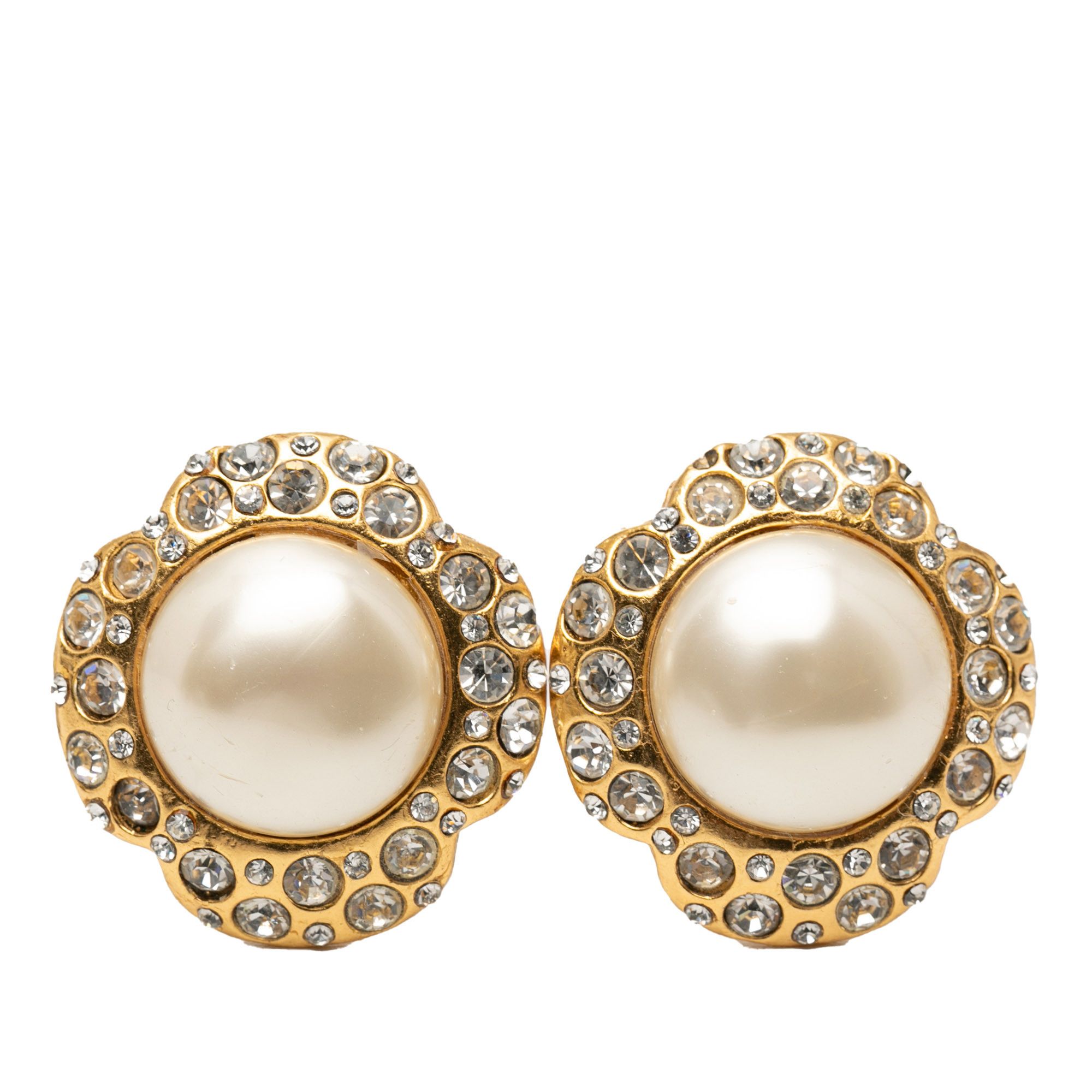 Chanel Gold Plated Faux Pearl and Crystals Clip On Earrings