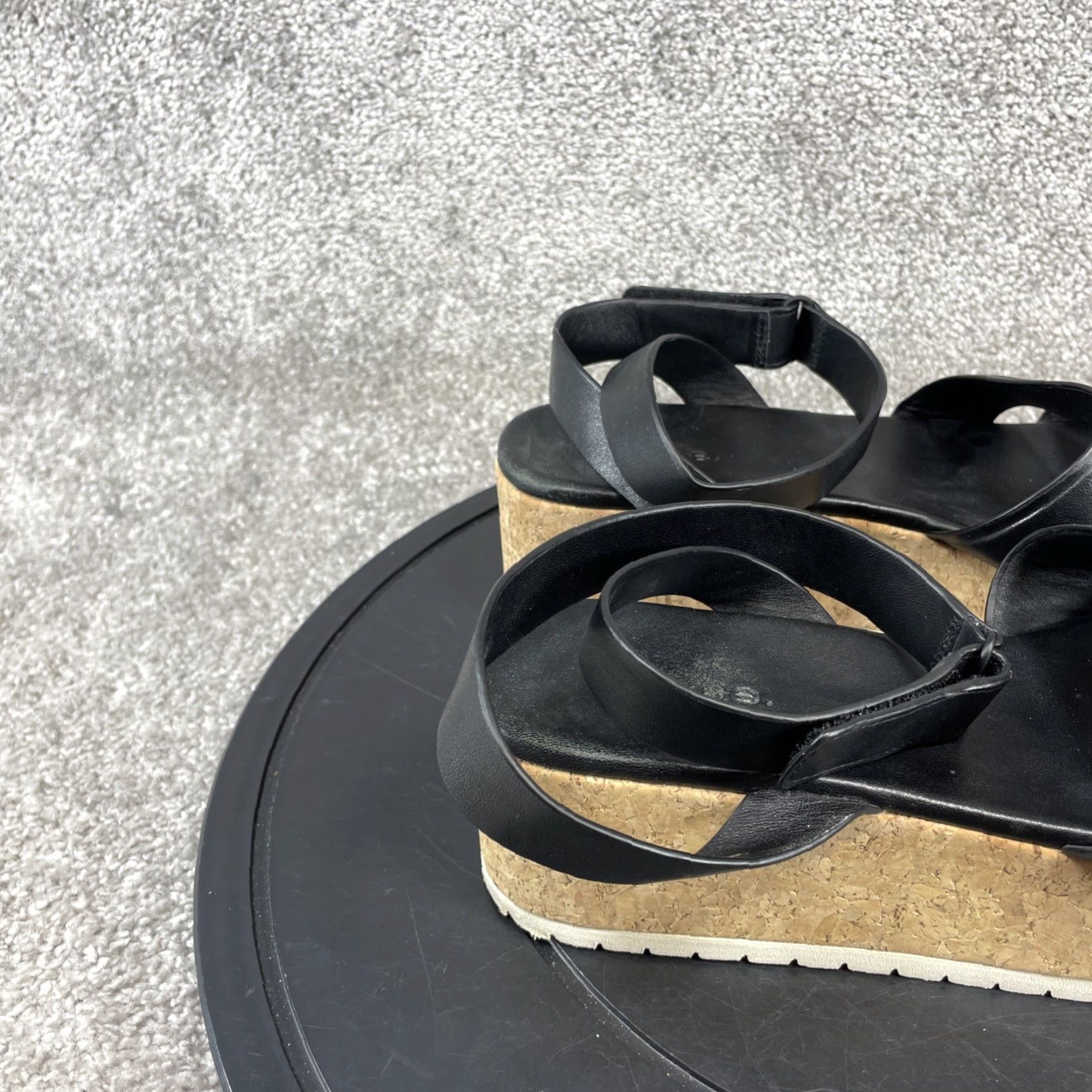 Vince Vince Jet Black Leather Wedge Sandals Women 7.5 M Cork Platform Ankle Strap Size US 8 / IT 38 - 3 Thumbnail