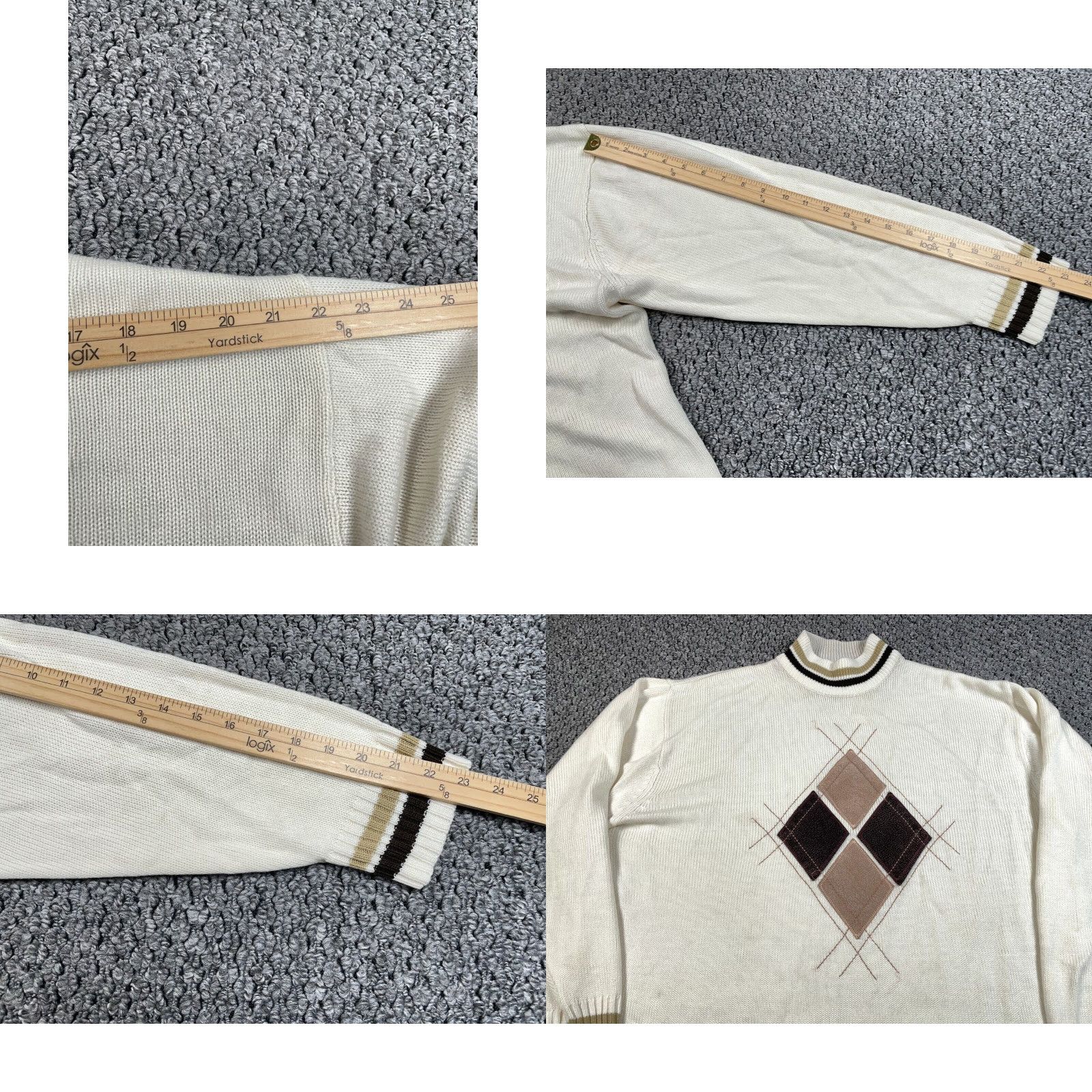 Vintage Preppy Argyle Pattern Mock Neck Sweater Adult XL Ivory Lightweight Acrylic Knit Mens Size US XL / EU 56 / 4 - 8 Thumbnail