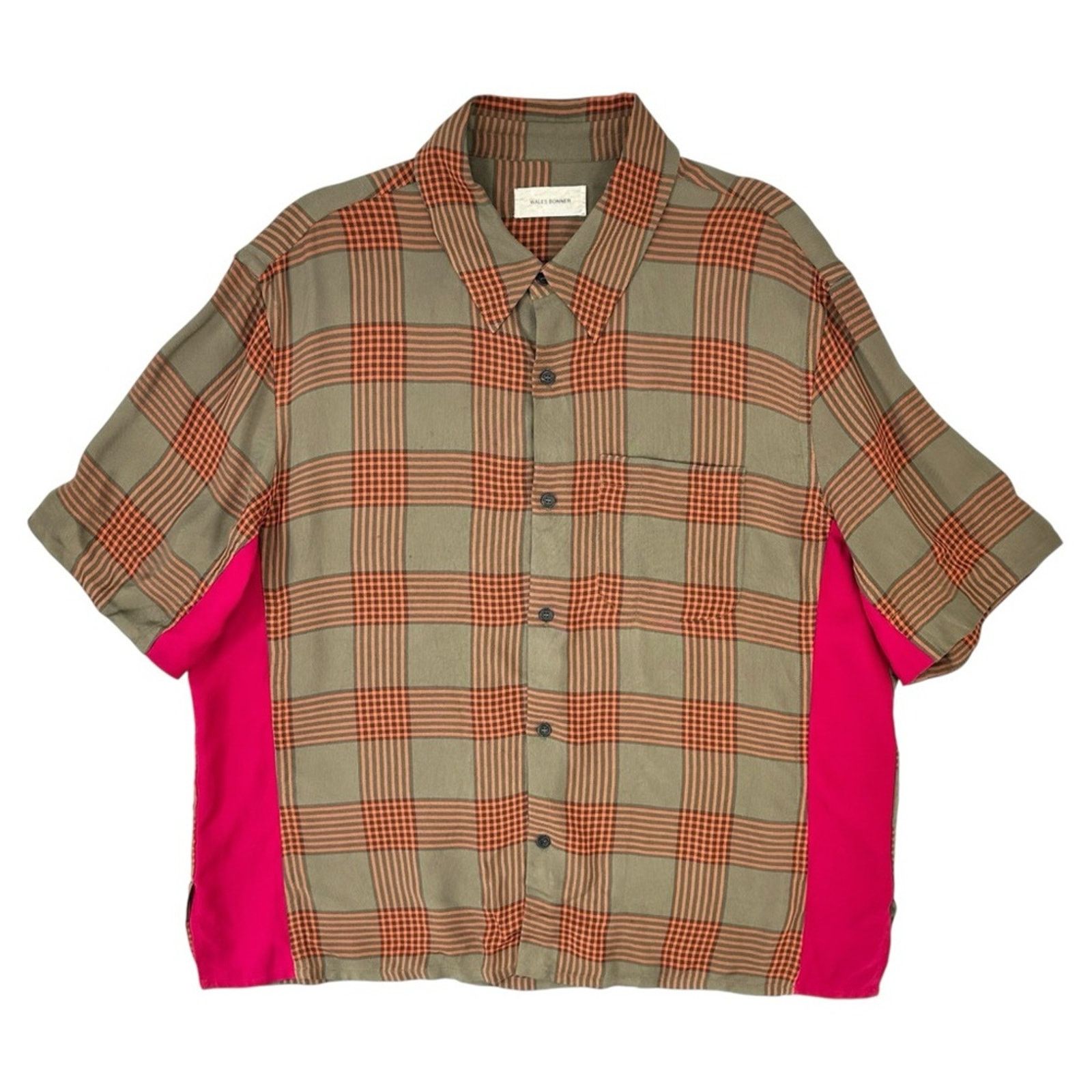 Wales Bonner Khaki Green & Orange Check Plaid Loose Fit S/S Shirt Size US XL / EU 56 / 4 - 1 Thumbnail