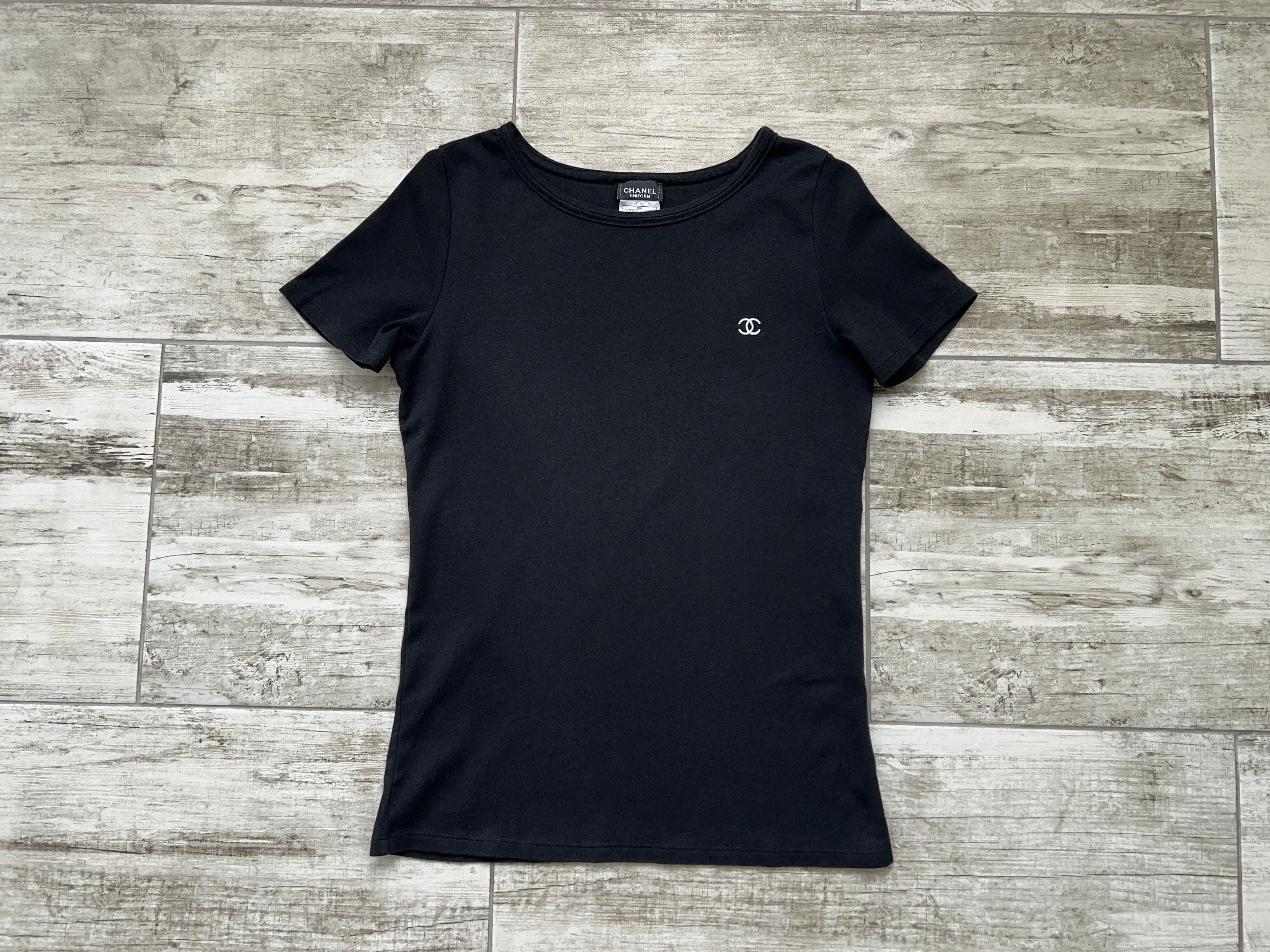 Image of Designer Authentic Chanel Uniform Black Embroidery Logo T Shirt, Women's (Size Small)