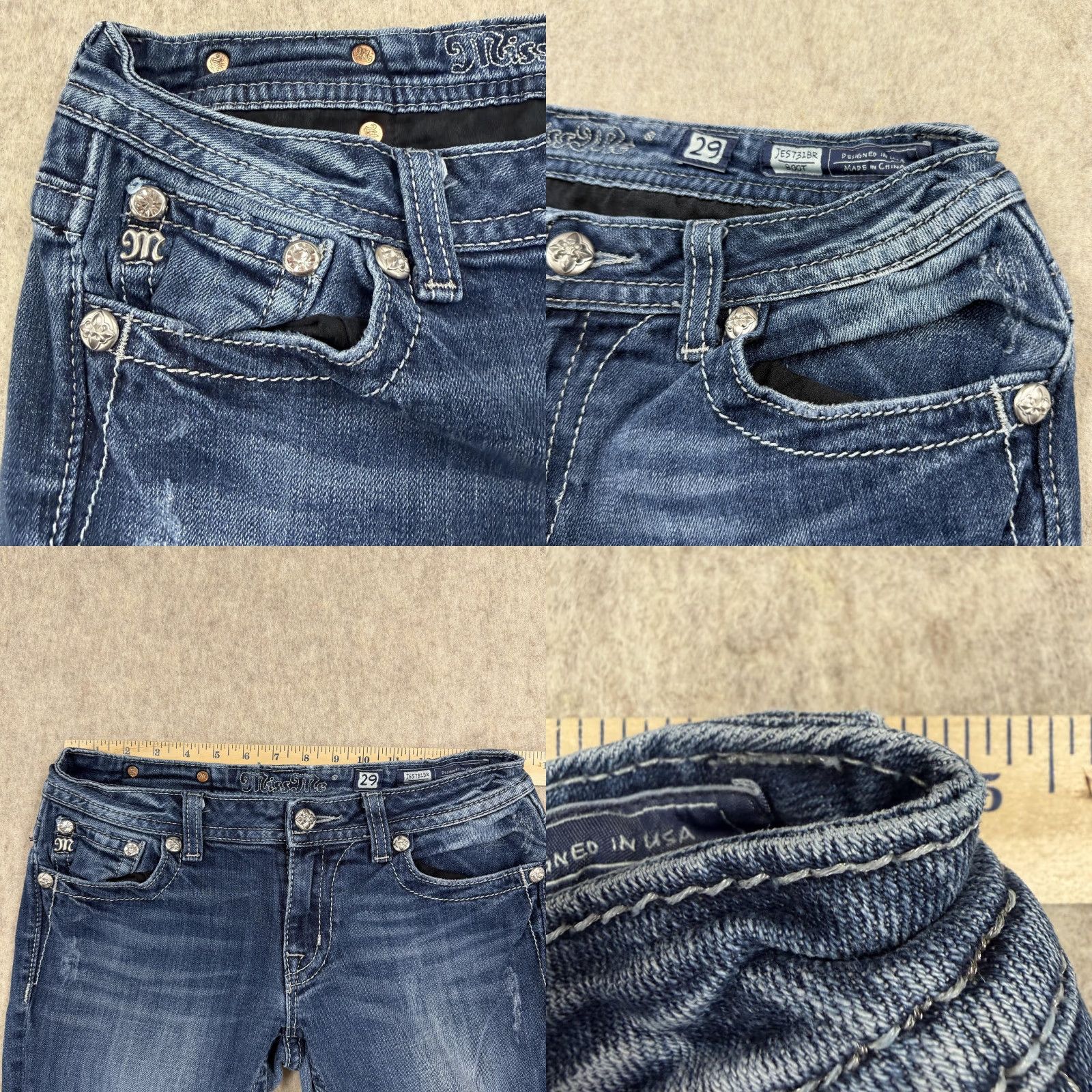 Miss Me Miss Me Jeans Womens 29 Blue Bootcut Sequin Rhinestone Flap Pockets JES731BR Size 29" - 8 Thumbnail