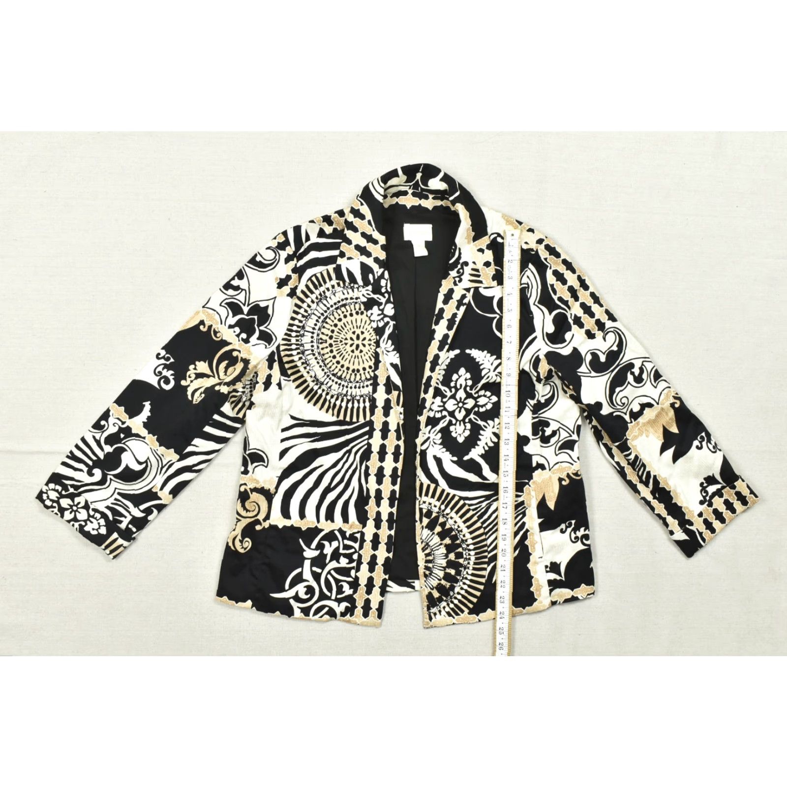 Vintage Chico's Blazer Shirt Women Small Black White Gold Scarf Print Stretch Cotton Blend Jacket Size XS / US 0-2 / IT 36-38 - 4 Thumbnail