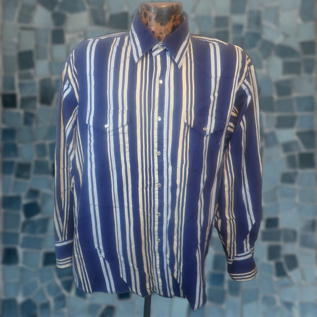 Wrangler VINTAGE Wrangler Blue Striped Cotton Cowboy Pearl Snap Shirt Size XXL Size US XXL / EU 58 / 5 - 1 Thumbnail