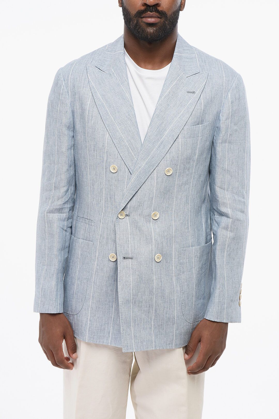 Brunello Cucinelli og1mm0725 Double-breasted Pinstriped Linen Blazer Light Blue Size US M / EU 48-50 / 2 - 1 Thumbnail