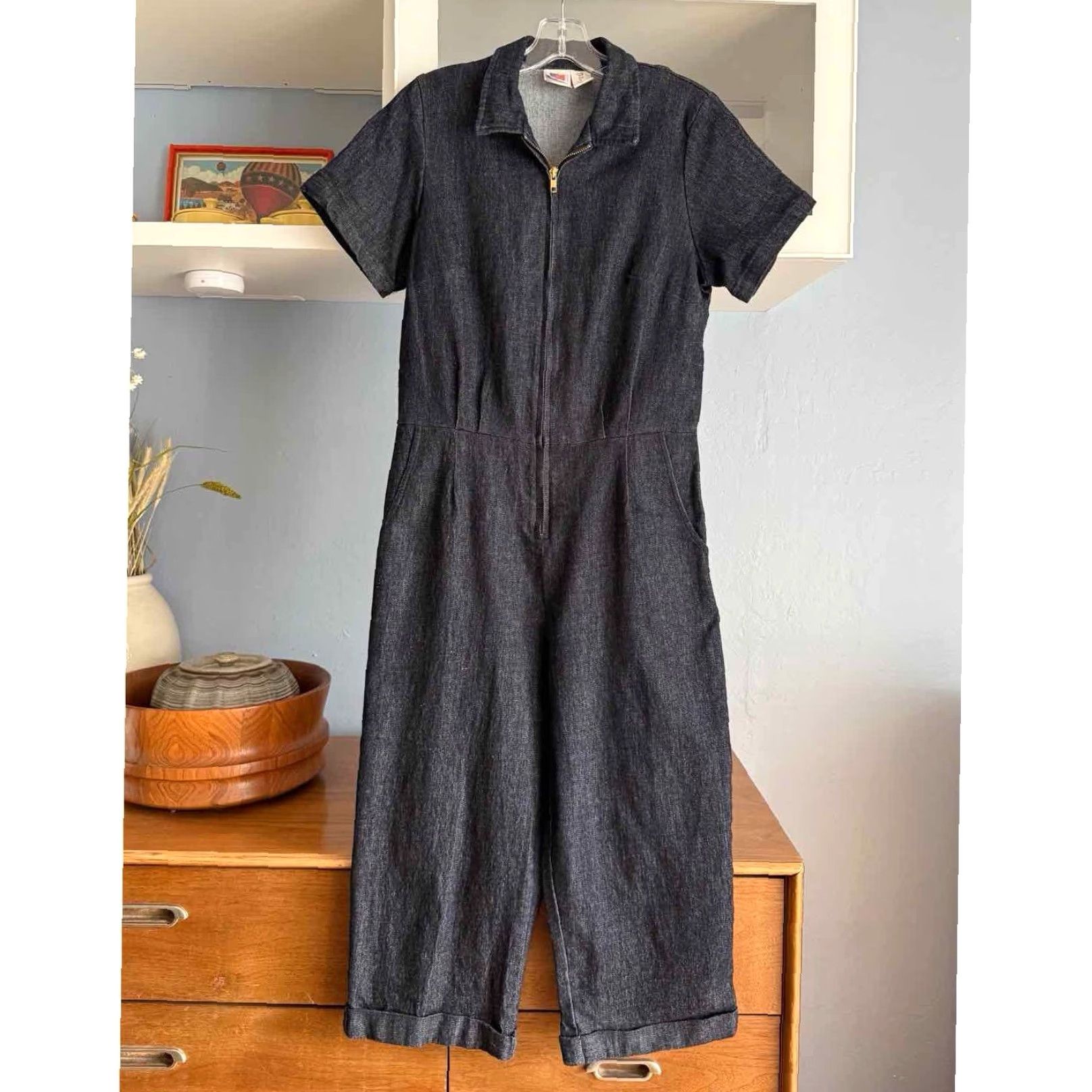 Denime VINTAGE Billie Jo Retro Denim Jumpsuit One-Piece Slim Zipped Capri Pockets USA Sz L Size 36" / US 14 / IT 50 - 2 Thumbnail