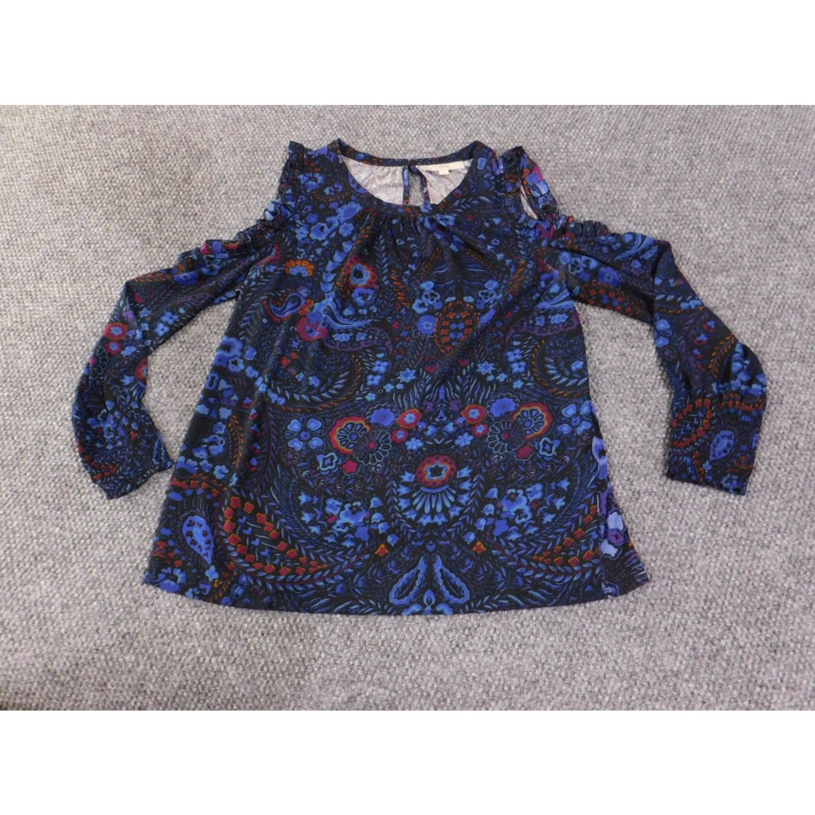 Loft LOFT Shirt Womens Large Navy Blue Paisley Cold Shoulder Ruffle Long Sleeve Boho Size L / US 10 / IT 46 - 2 Thumbnail