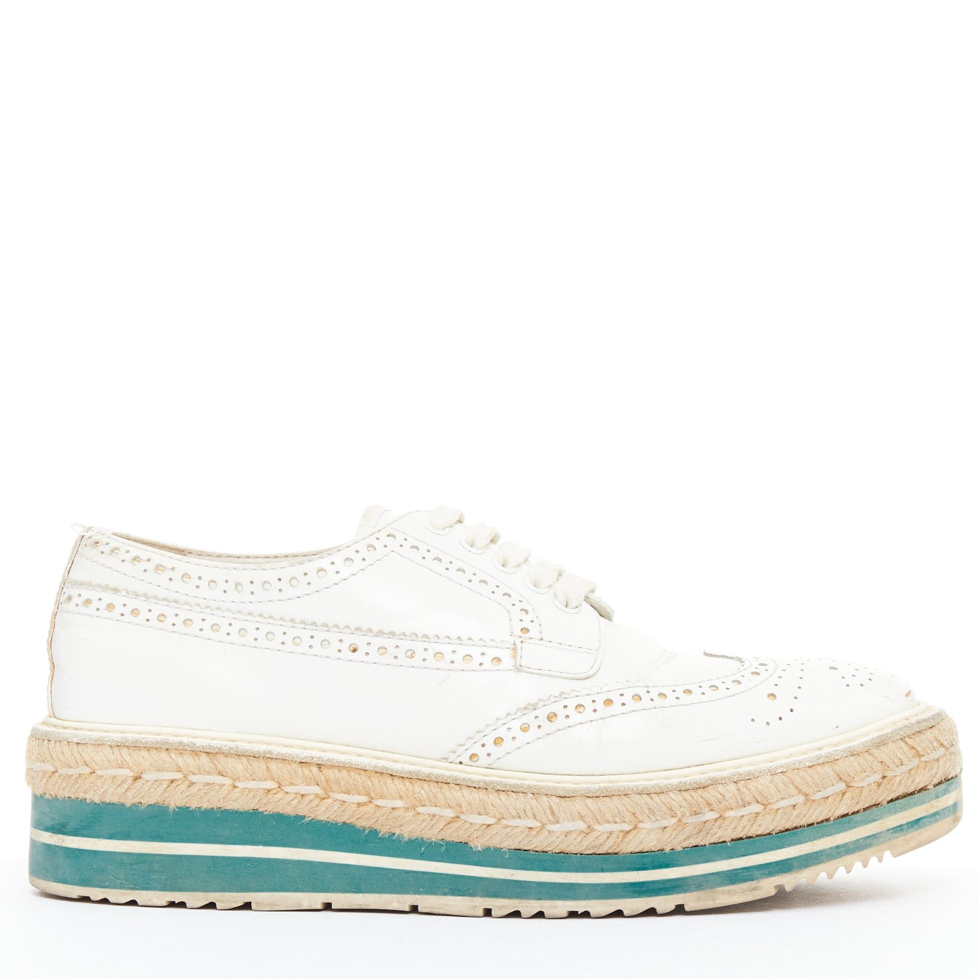 Prada PRADA Wingtip white green leather espadrille wedged brogue oxfords EU35.5 Size US 5.5 / IT 35.5 - 1 Thumbnail