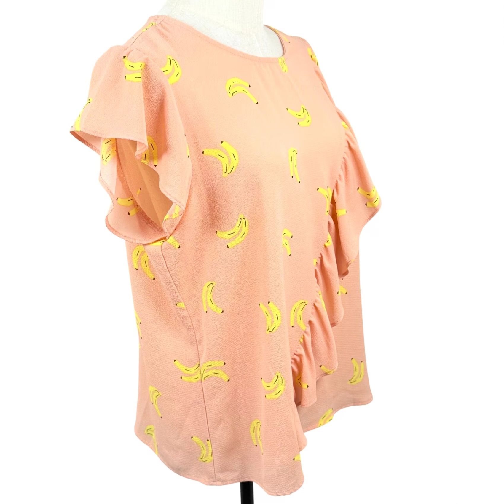 Hudson June & Hudson Peach Pink Banana Print Ruffled Short Sleeve Blouse - Summer Fashion Size L / US 10 / IT 46 - 4 Thumbnail