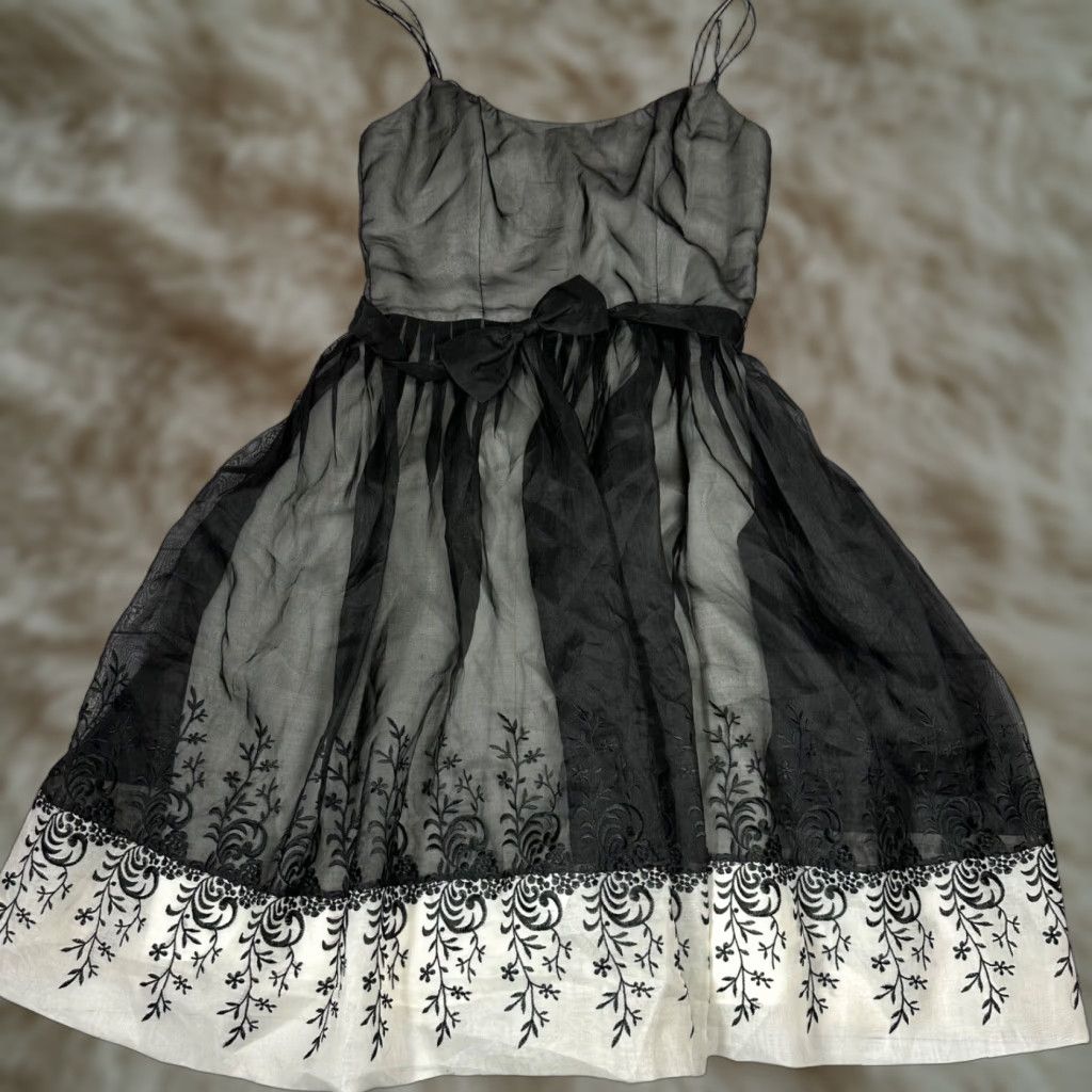 Vintage Adrianna Womens Silk Party Dress Black/Ivory A-Line Knee Length Sleeveless Back Zip Size 10 Mens Size L / US 10 / IT 46 - 1 Thumbnail