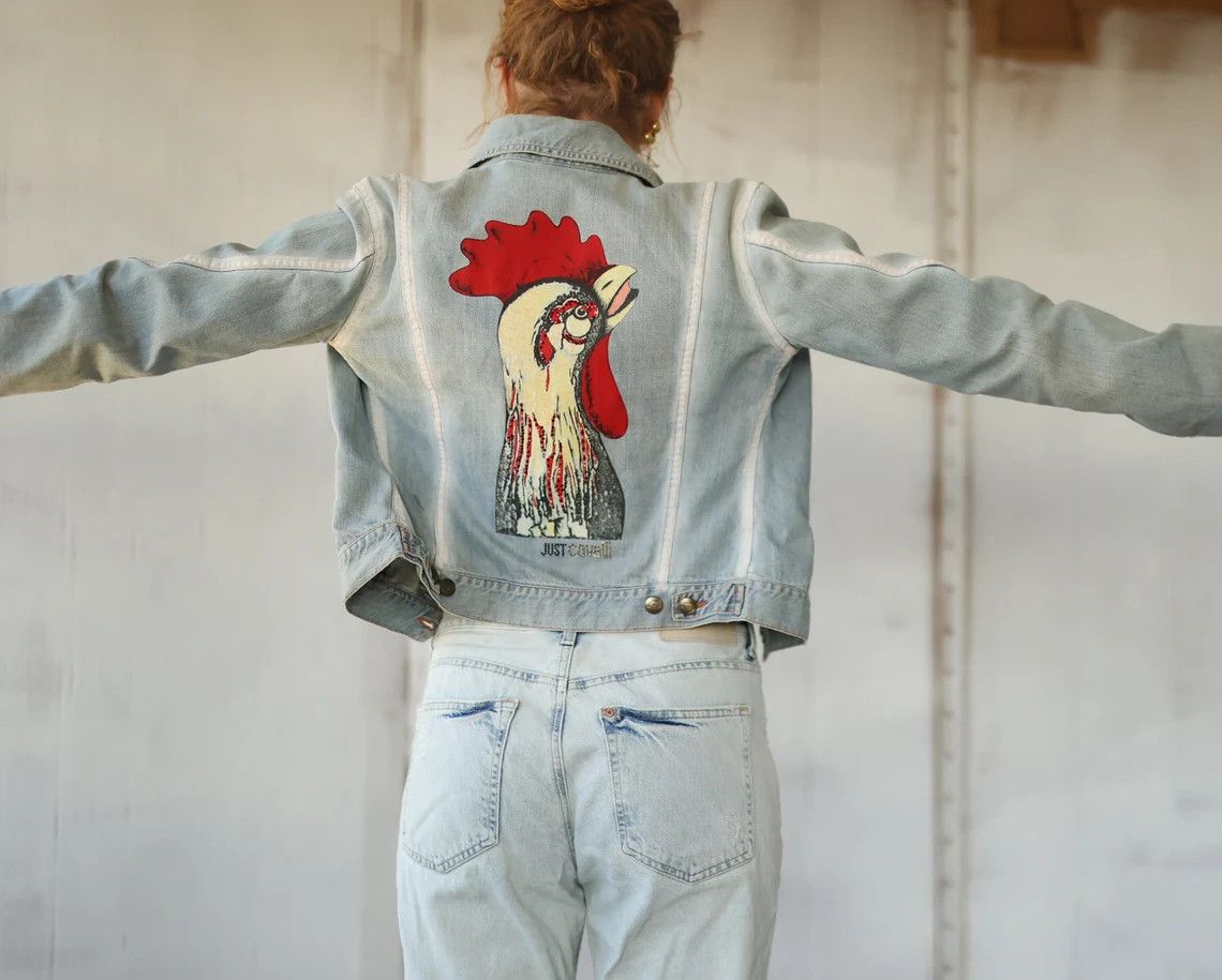 Just Cavalli Just Cavalli Vintage Jacket Rooster Print Bleached Denim S Size S / US 4 / IT 40 - 1 Thumbnail
