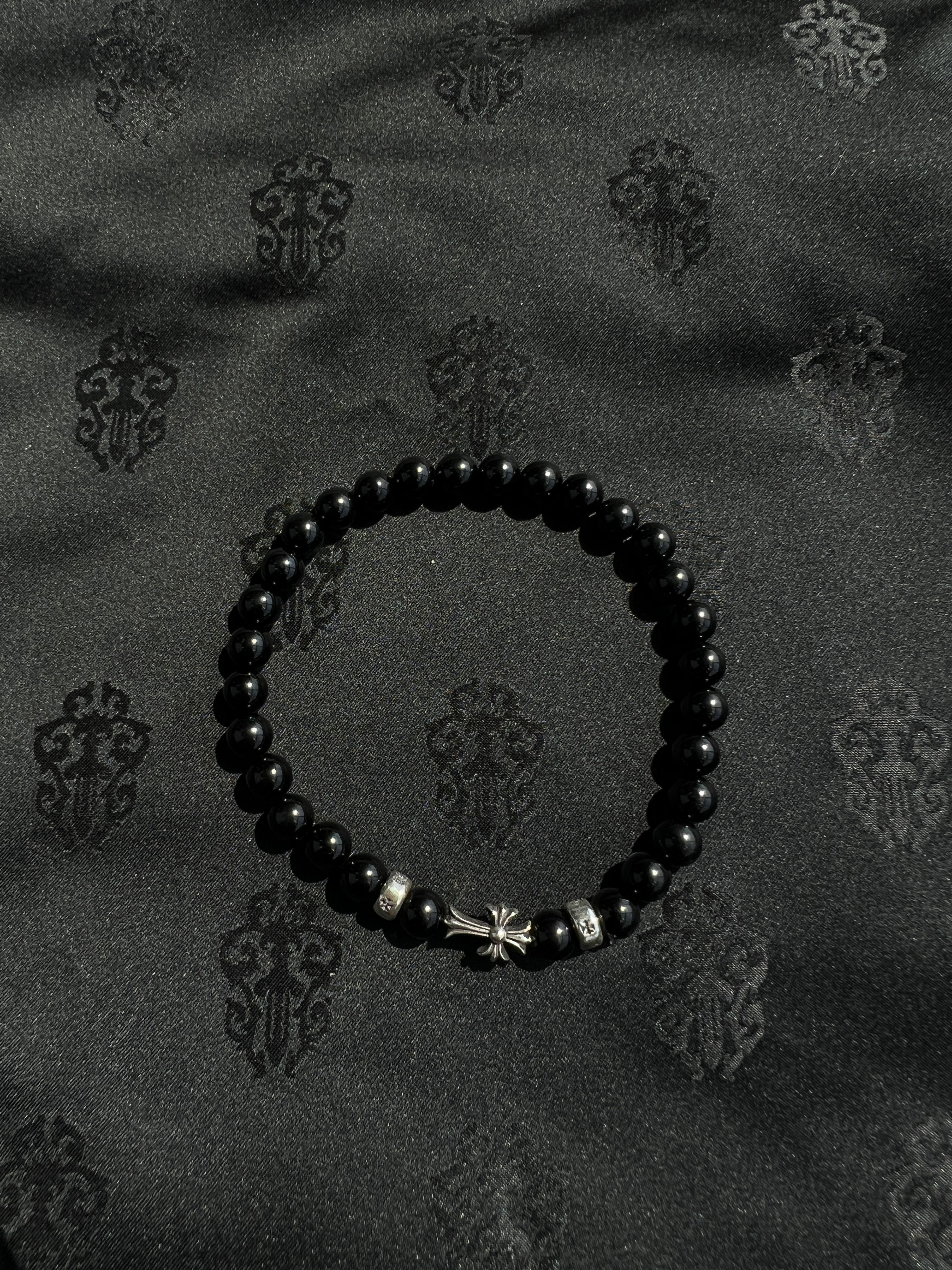 Pre-owned Chrome Hearts Black Tourmaline Cross Bead Bracelet - L