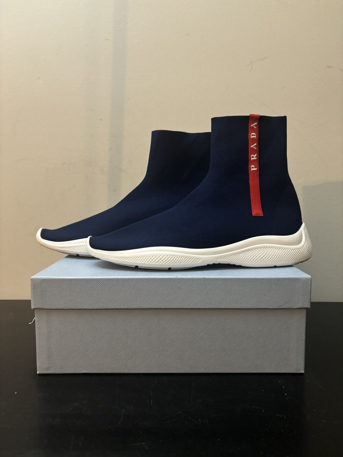 Prada America’s Cup High Top Knit Basic 3 Sneakers Royal