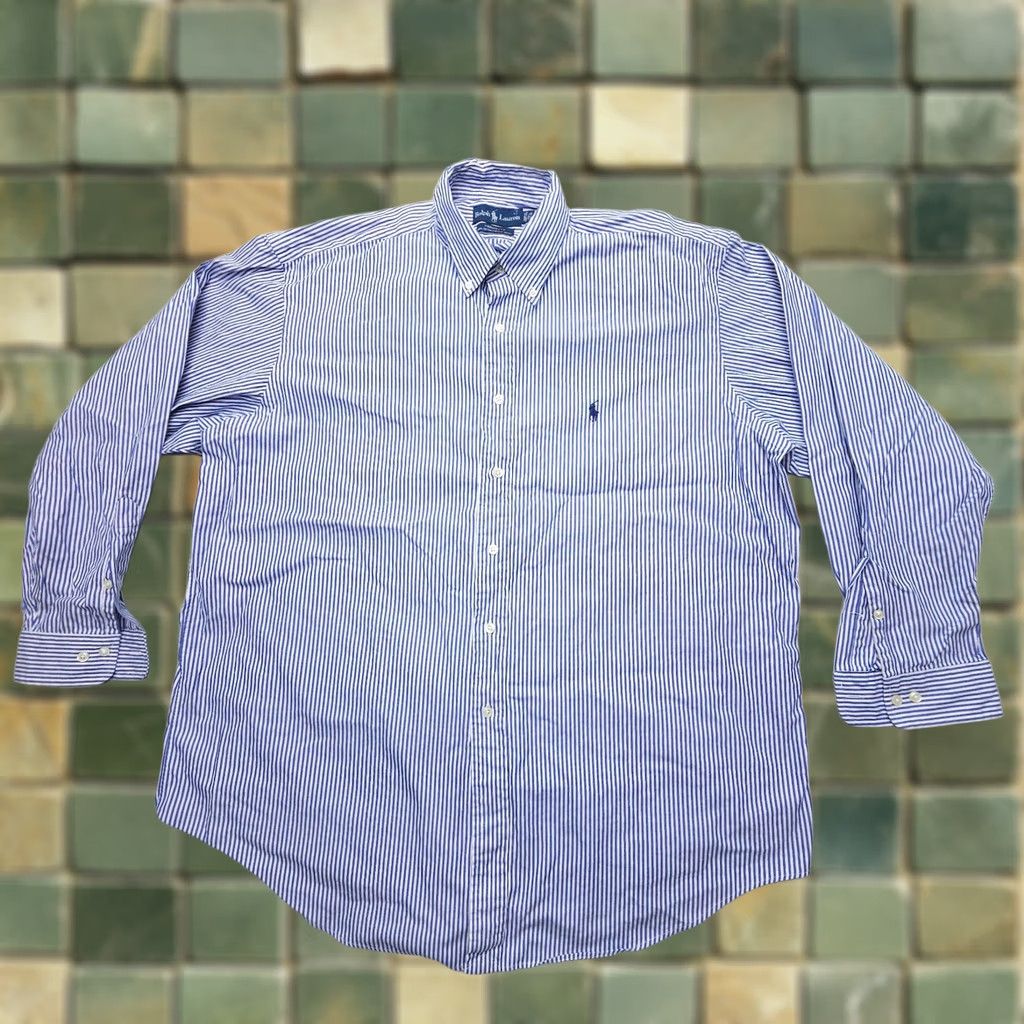 Ralph Lauren VINTAGE Ralph Lauren Yarmouth Button-Down Shirt 17.5 34/35 Pinpoint Oxford Striped Blue Mens Dress Shirt Size US XXL / EU 58 / 5 - 1 Thumbnail