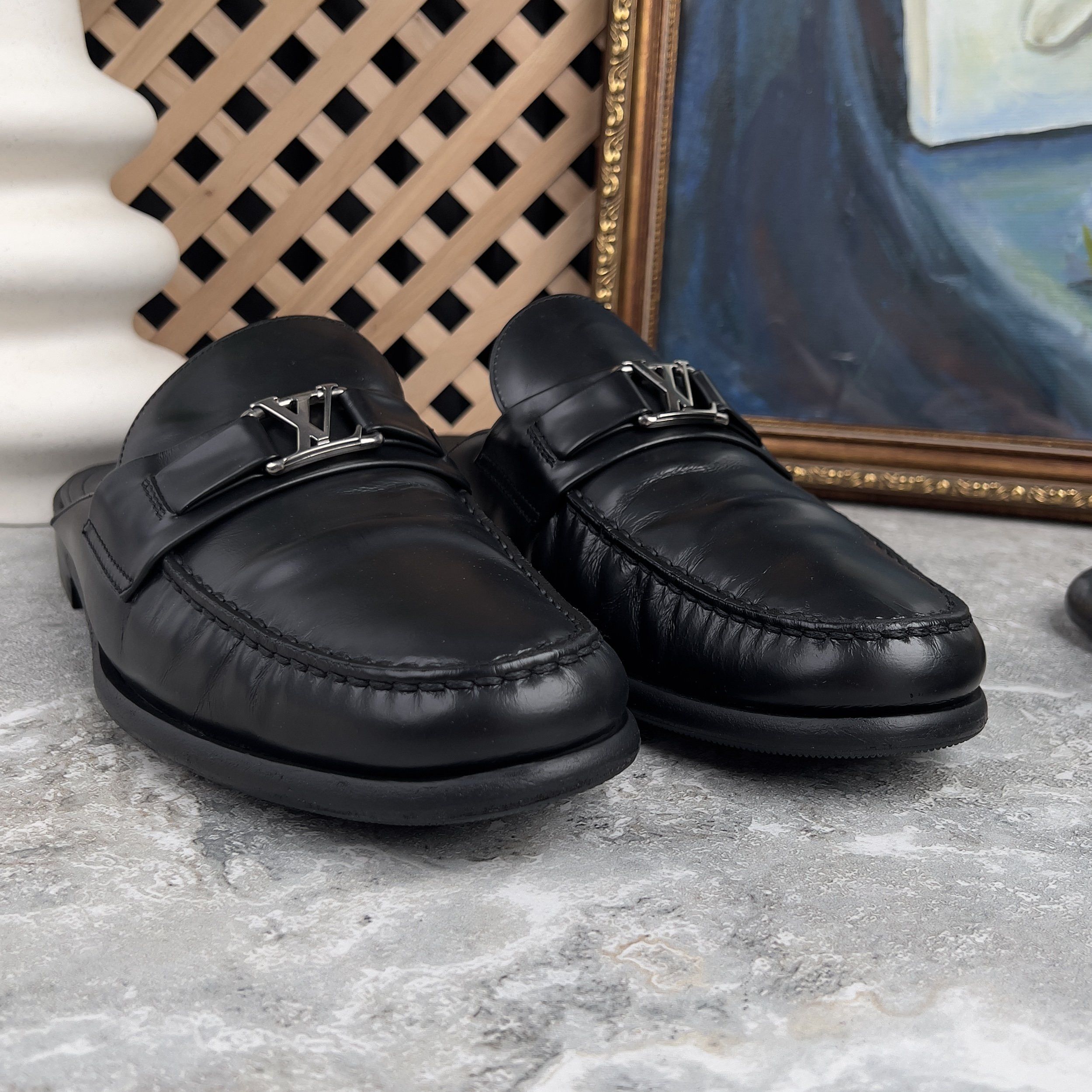 Louis Vuitton Major Open Back Loafers Mules Black Glazed Leather Size US 10 / EU 43 - 4 Thumbnail