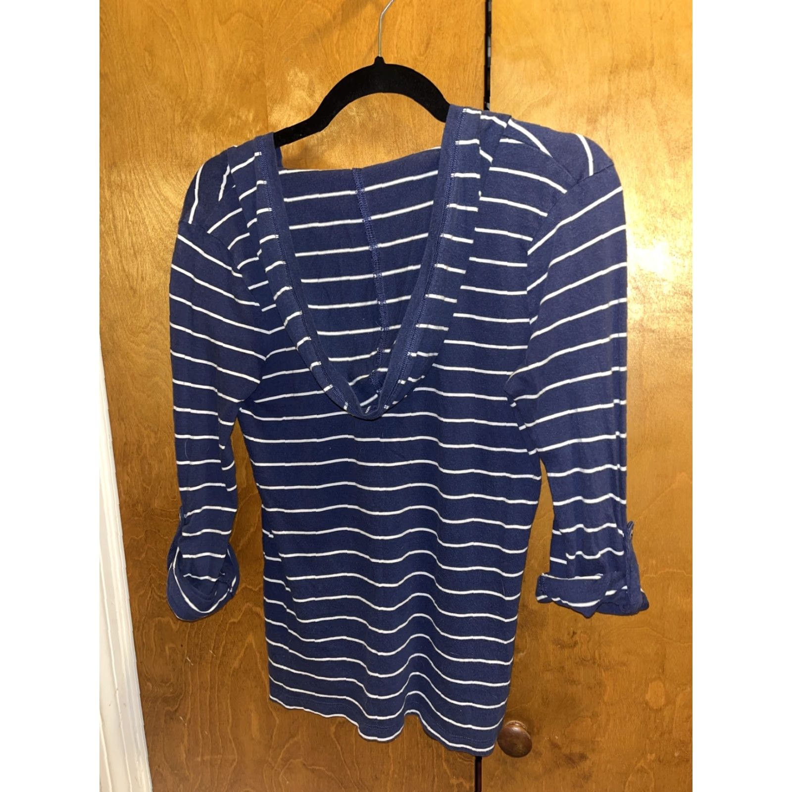 Old Navy VINTAGE Old Navy Women XS Blue Striped Cotton Hooded Henley Blouse 3/4 Sleeve Fall Spring Summer Winter Size XS / US 0-2 / IT 36-38 - 4 Thumbnail