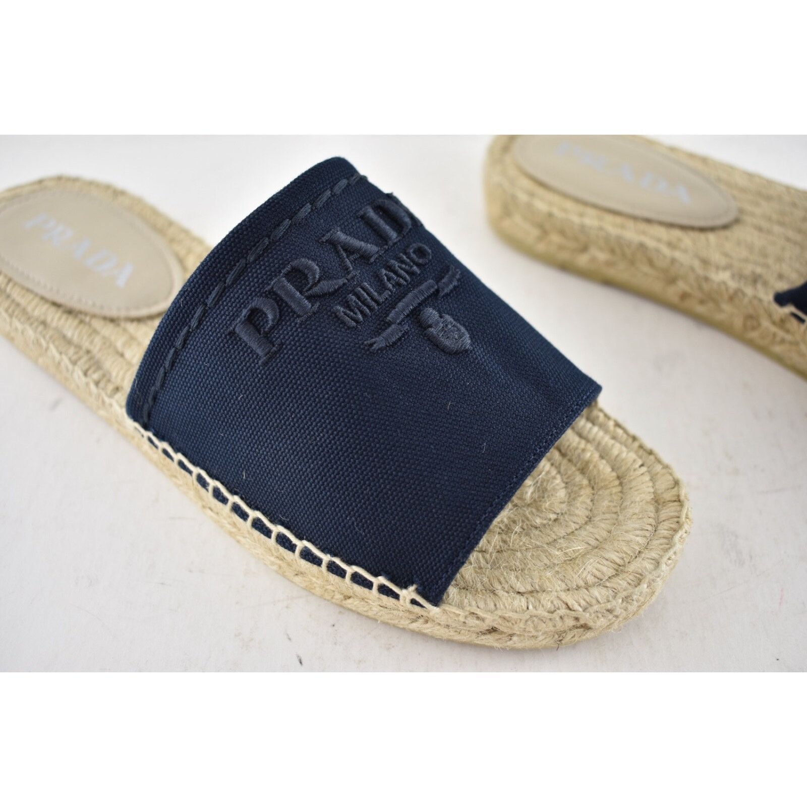 Prada Prada Baltico Blue Canvas Plaque Logo Slide Open Toe Size US 8 / IT 38 - 7 Thumbnail