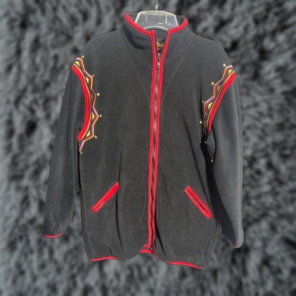Bob Mackie VINTAGE Bob Mackie Wearable Art Fleece Jacket S Women's S Black Geometric Zip Pockets Mid-Length Casual Travel Workwear Art Classic Outdoor Preppy Size S / US 4 / IT 40 - 1 Thumbnail