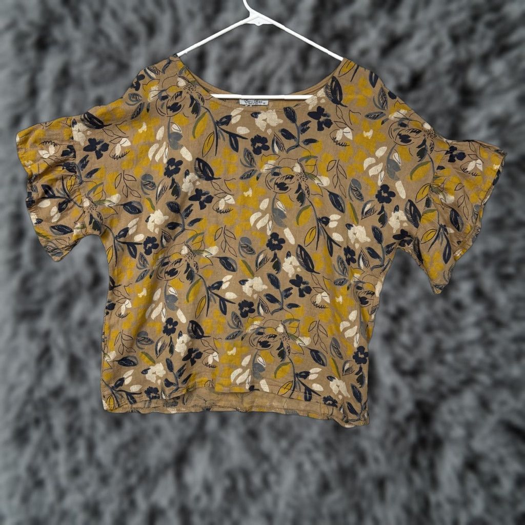 Vintage VINTAGE Elena Baldi Blouse Shirt Women M Linen Floral Flutter Sleeve 80s Boho Italy Yellow Tan Cottagecore Size M / US 6-8 / IT 42-44 - 1 Thumbnail
