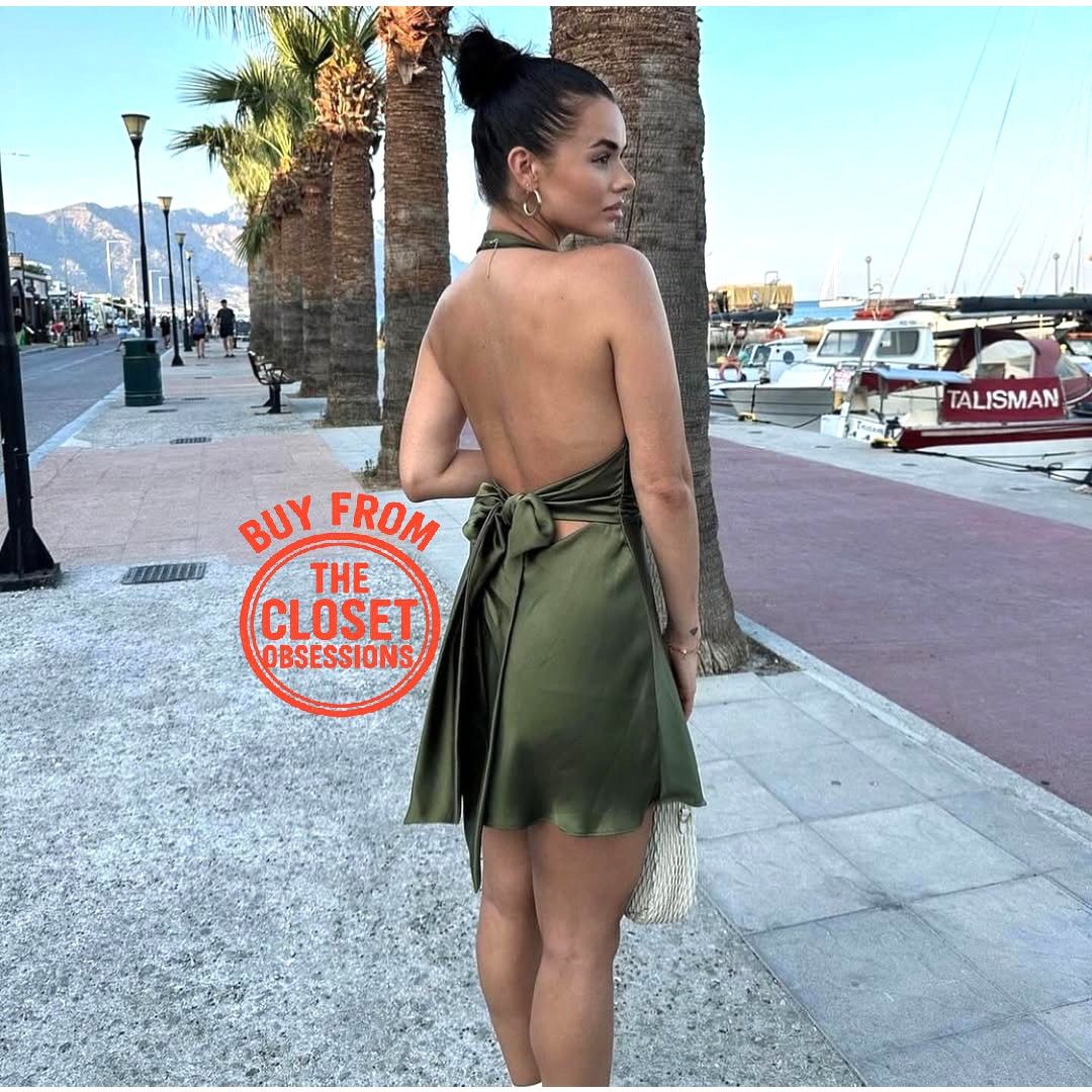 Zara Zara Satin Halter Mini Dress Olive Green Open Back NWT Size L / US 10 / IT 46 - 15 Thumbnail